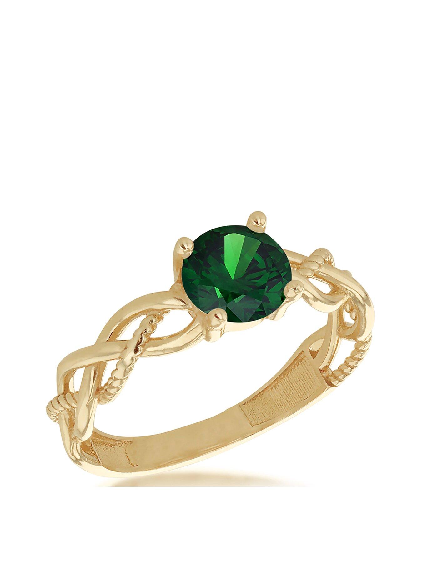 The Love Collection 9ct Yellow Gold 6mm Green Round Cut CZ Plaited Solitaire Ring
