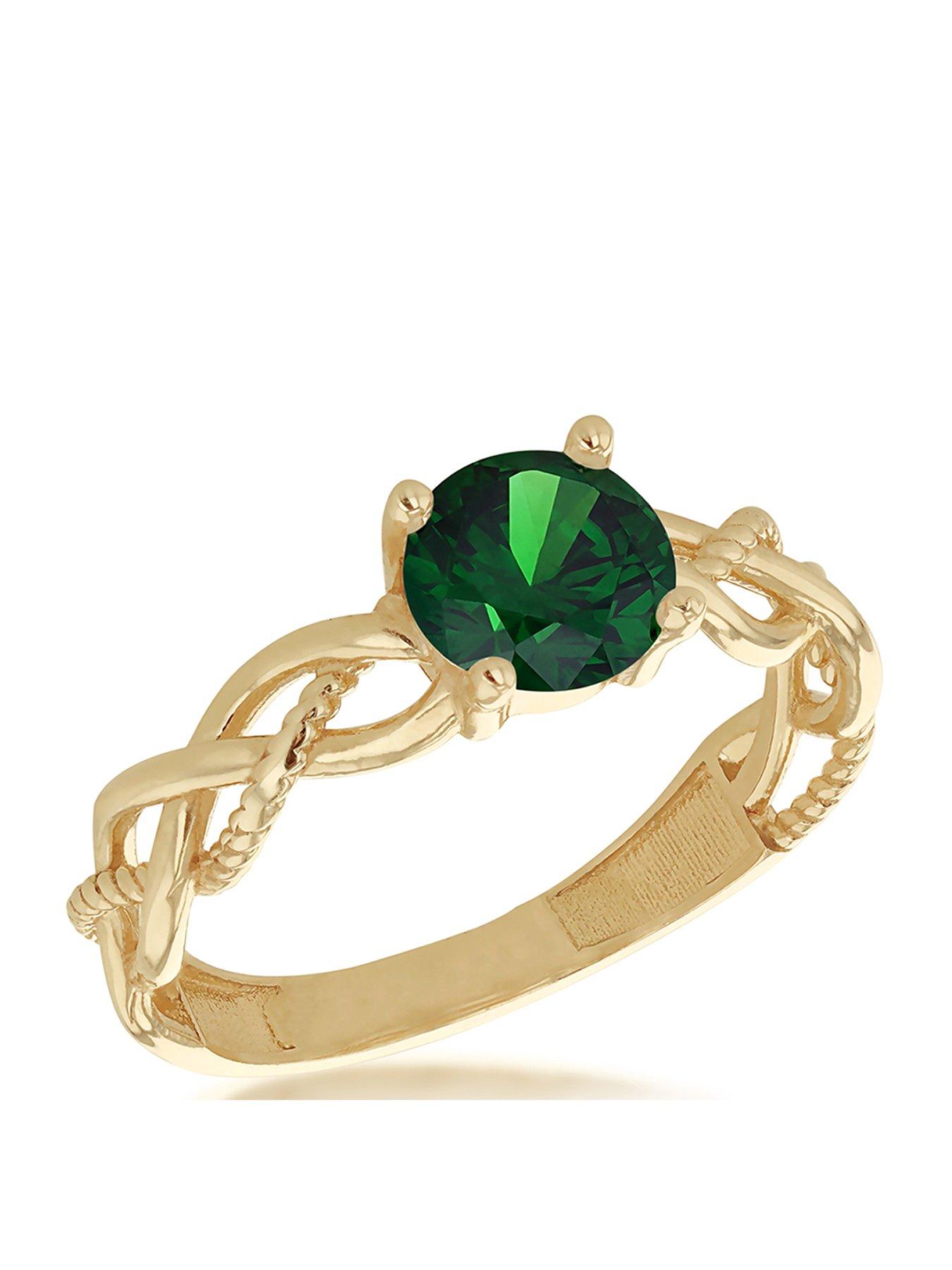 The Love Collection 9ct Yellow Gold 6mm Green Round Cut CZ Plaited Solitaire Ring