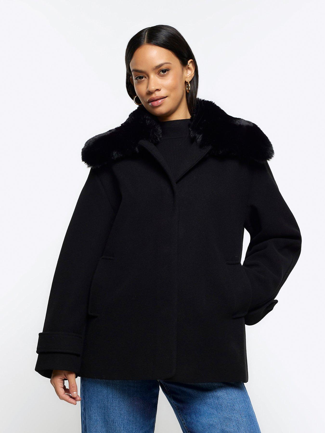 River Island Faux Fur Collar Swing Coat Black Very