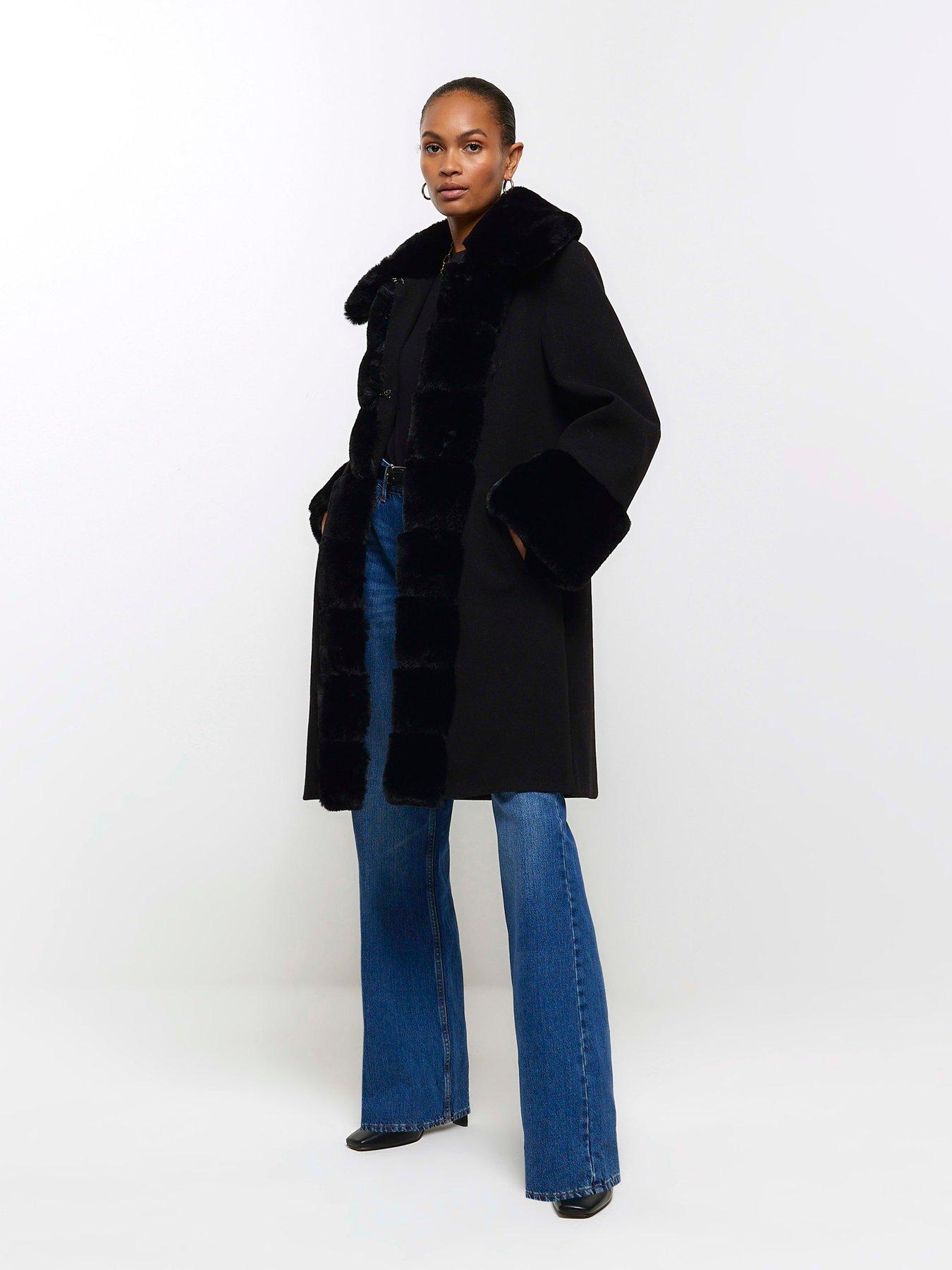 River Island Faux Fur Cuff Coat - Black