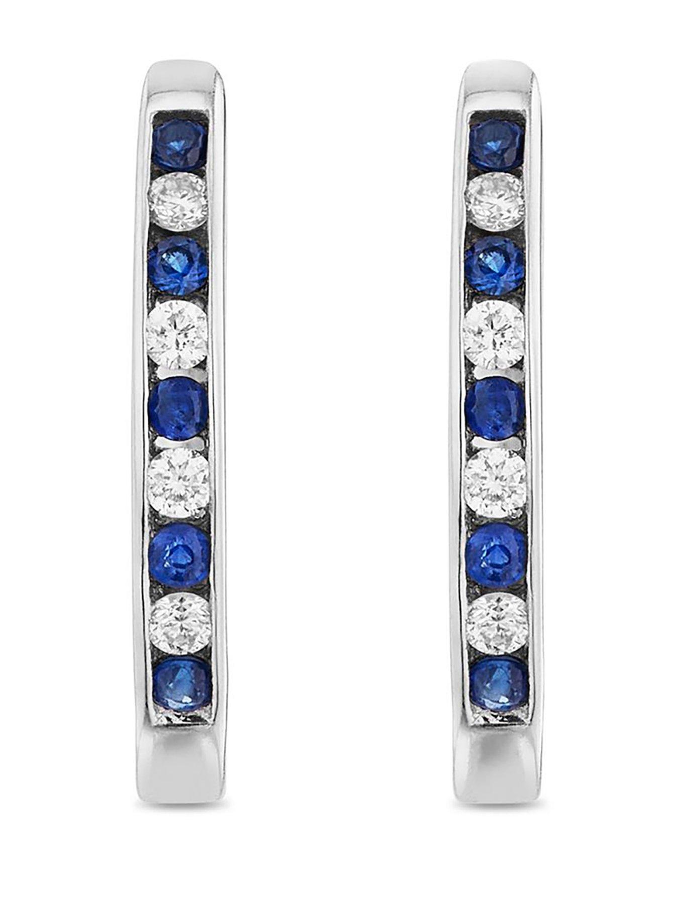 9ct White Gold Diamond and Sapphire Hoop Earrings