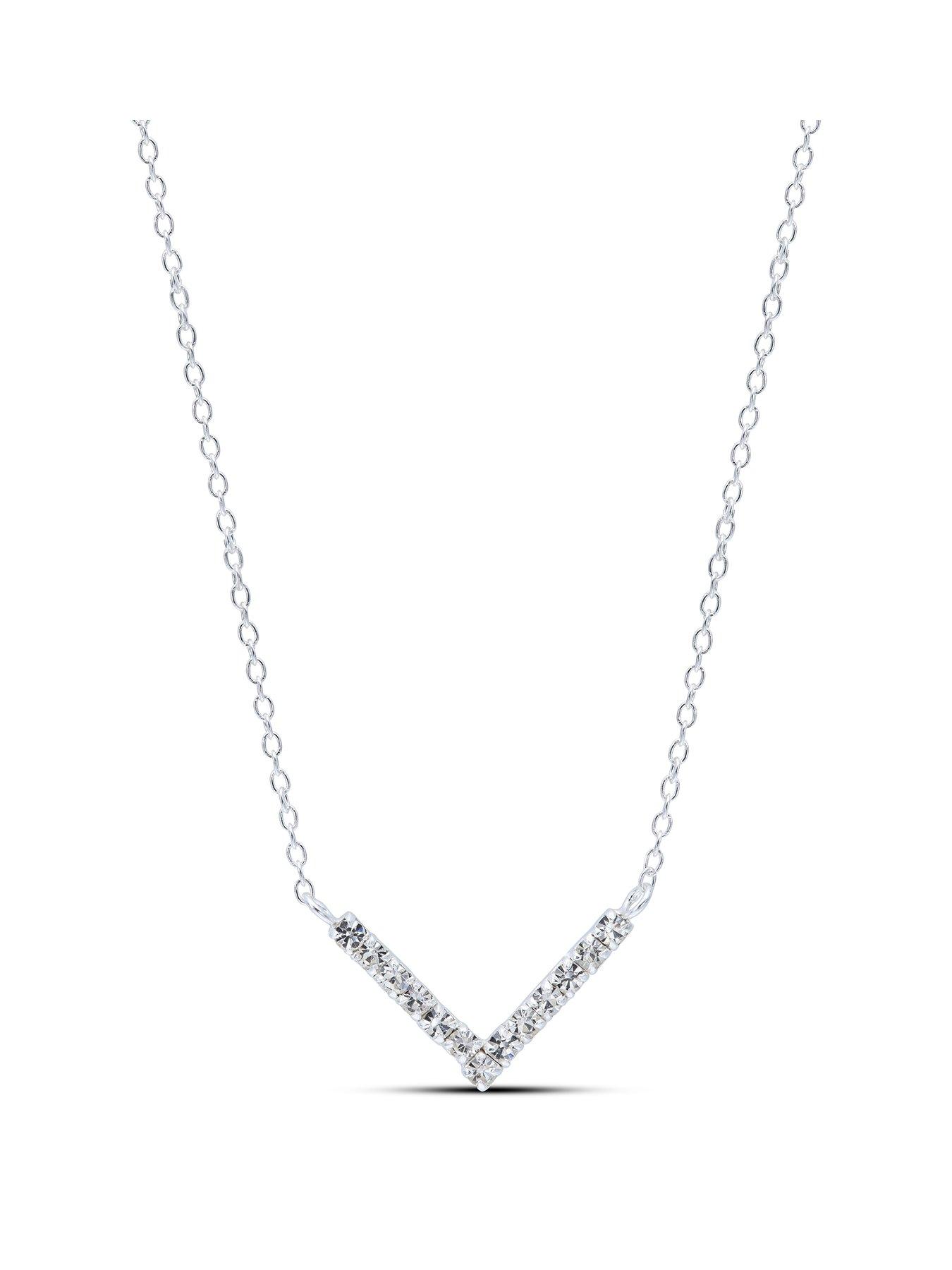 Product photograph of The Love Silver Collection Sterling Silver Crystal V Necklace from very.co.uk