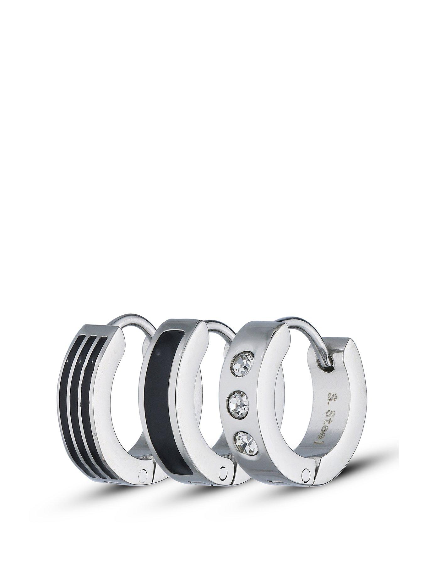 Product photograph of The Love Silver Collection Stainless Steel Set Of 3 Gents Huggie Earrings from very.co.uk