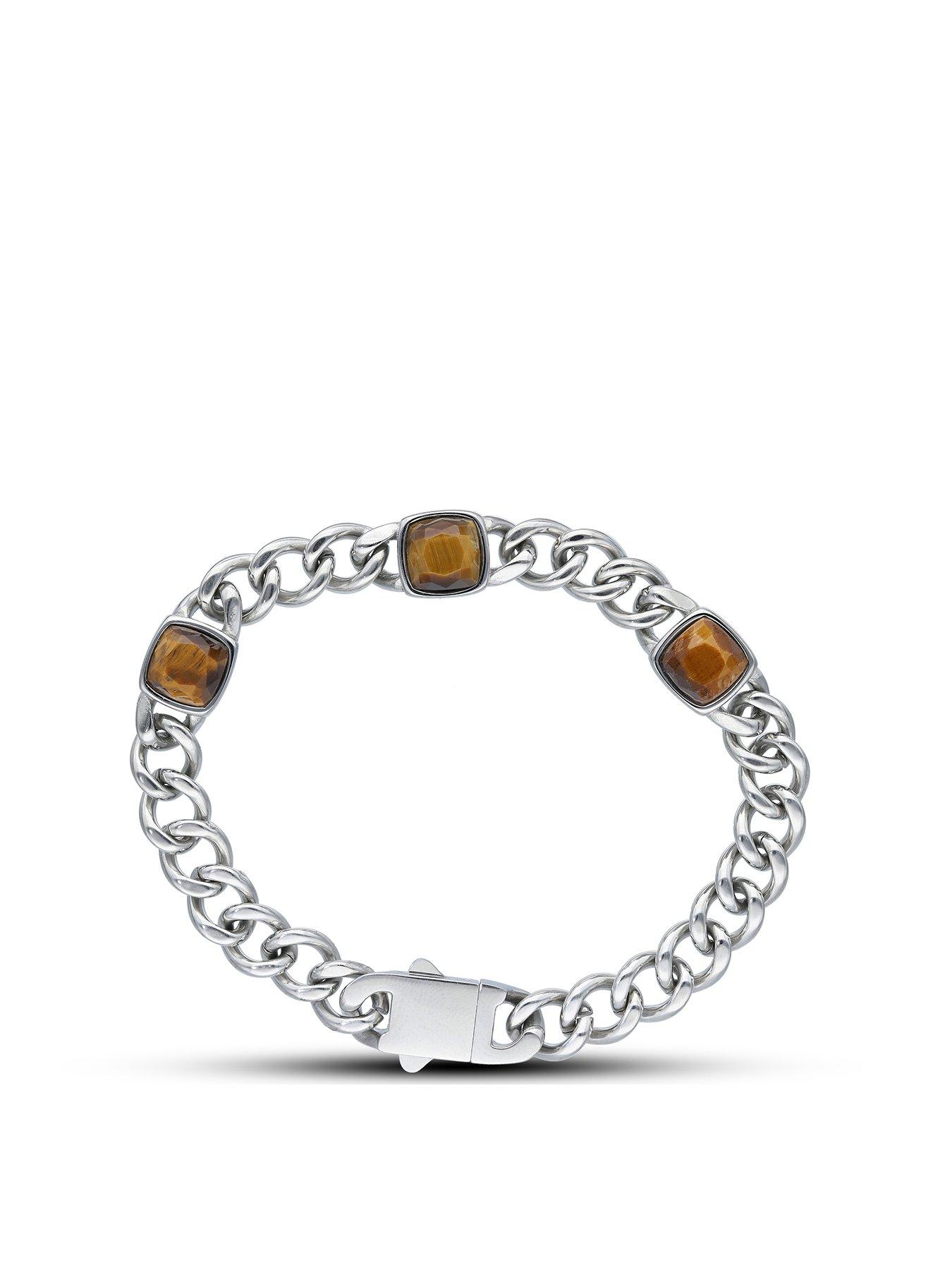 Product photograph of The Love Silver Collection Stainless Steel Curb With Tigers Eye Station Bracelet from very.co.uk
