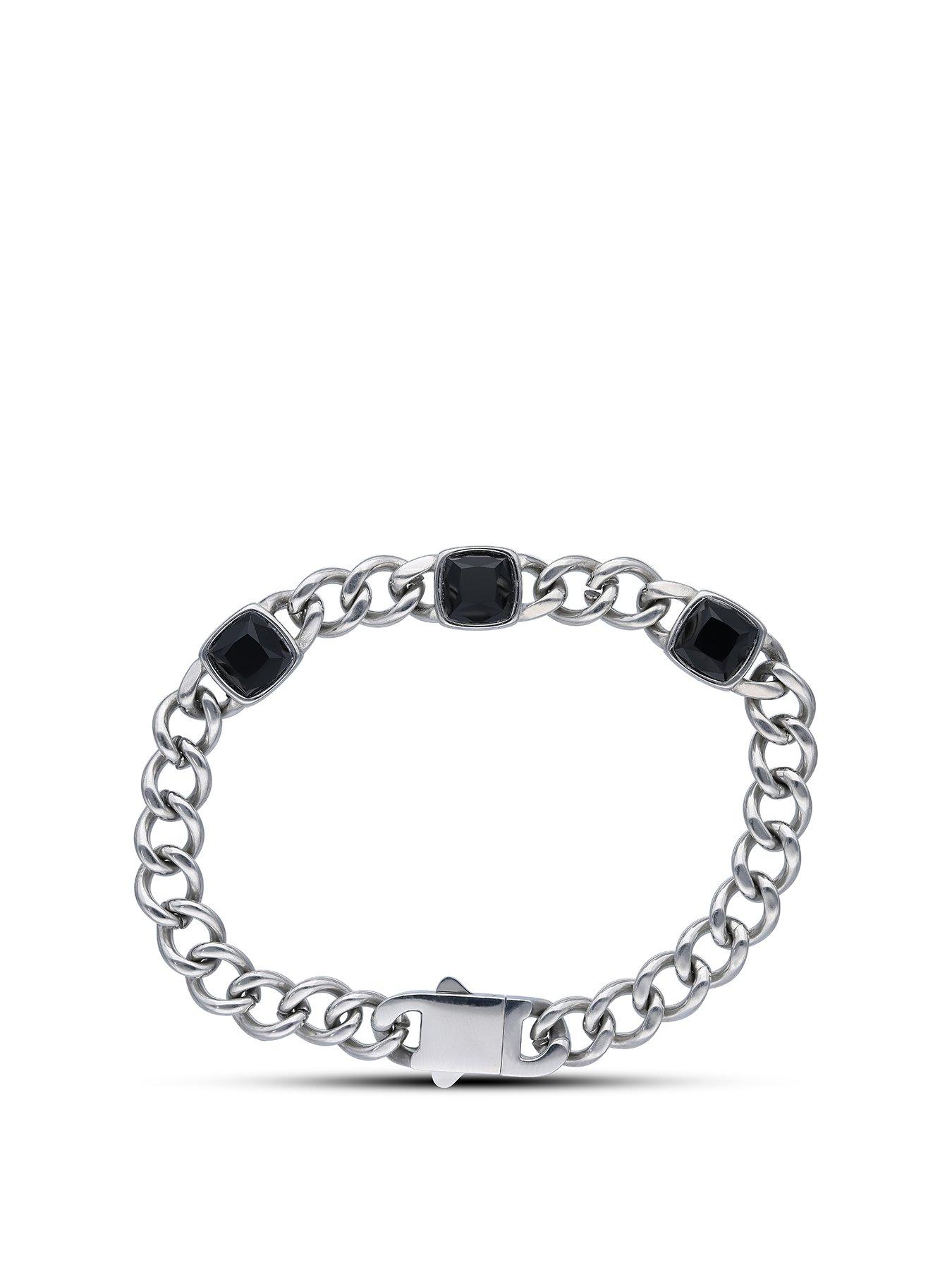 Product photograph of The Love Silver Collection Stainless Steel Curb With Black Agate Station Bracelet from very.co.uk