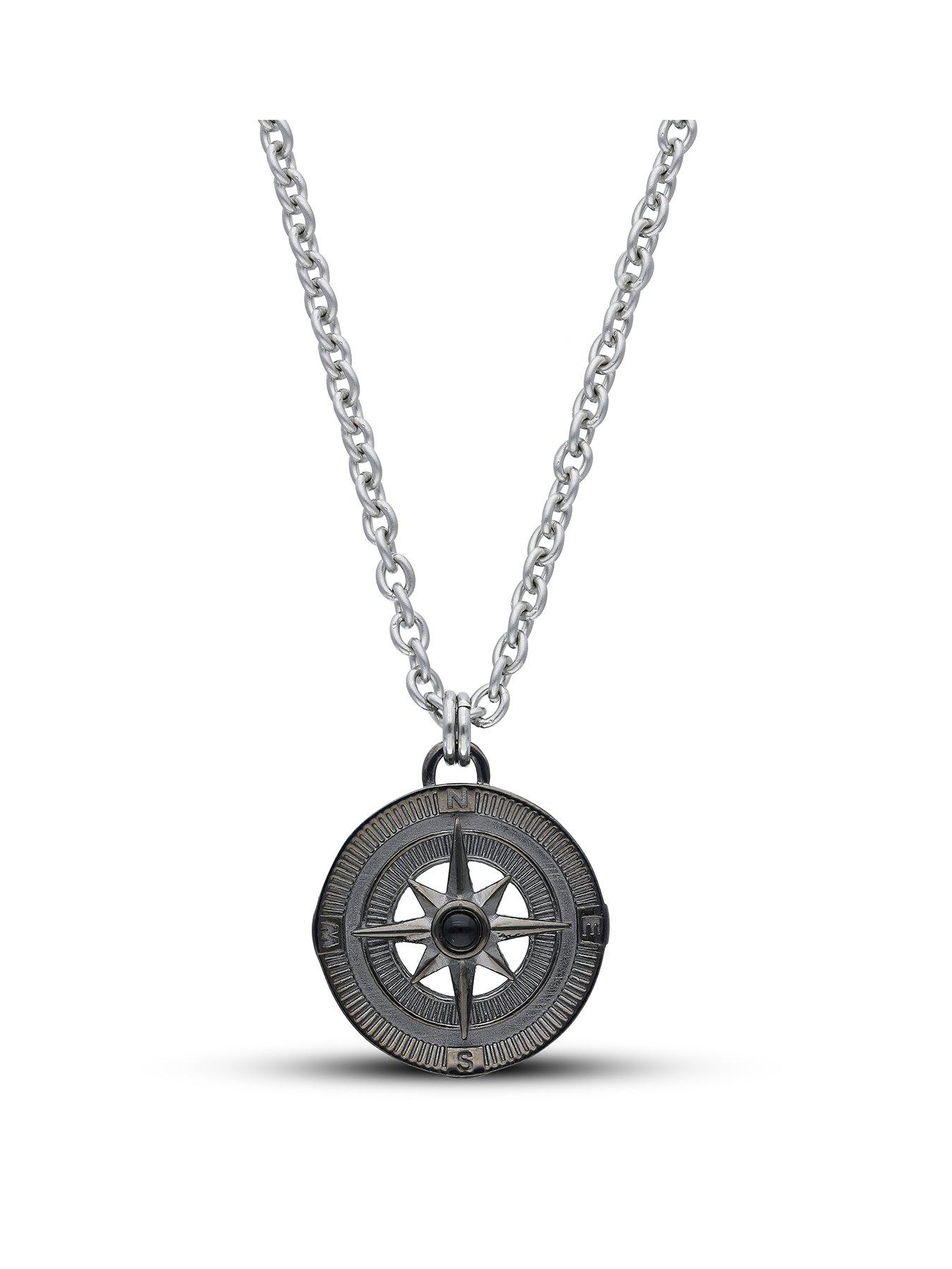 Product photograph of The Love Silver Collection Stainless Steel Onyx Compass Pendant from very.co.uk