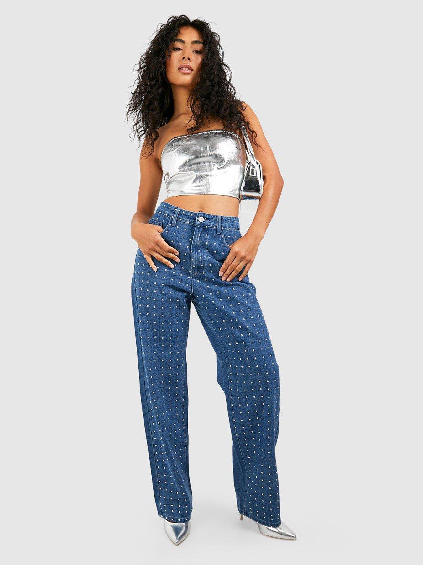 Boohoo Diamante High Waisted Mom Jeans Mid Blue Very