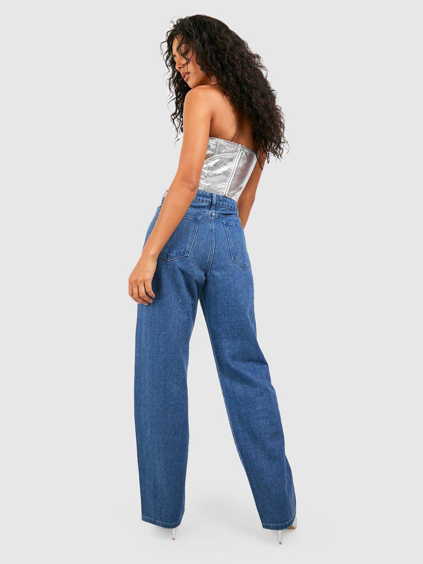 Boohoo Diamante High Waisted Mom Jeans - Mid Blue