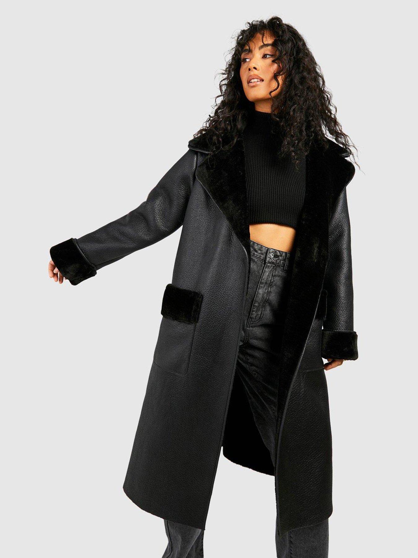 Boohoo Faux Leather Shawl Collar Belted Coat - Black