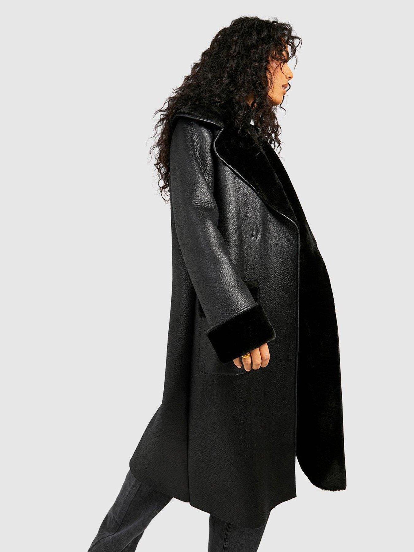 Boohoo Faux Leather Shawl Collar Belted Coat Black Very