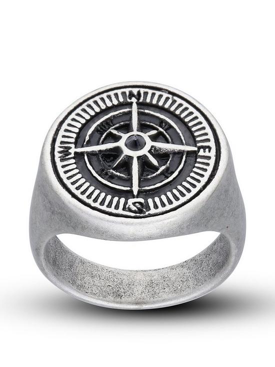 The Love Silver Collection Stainless Steel Onyx Compass Ring | very.co.uk
