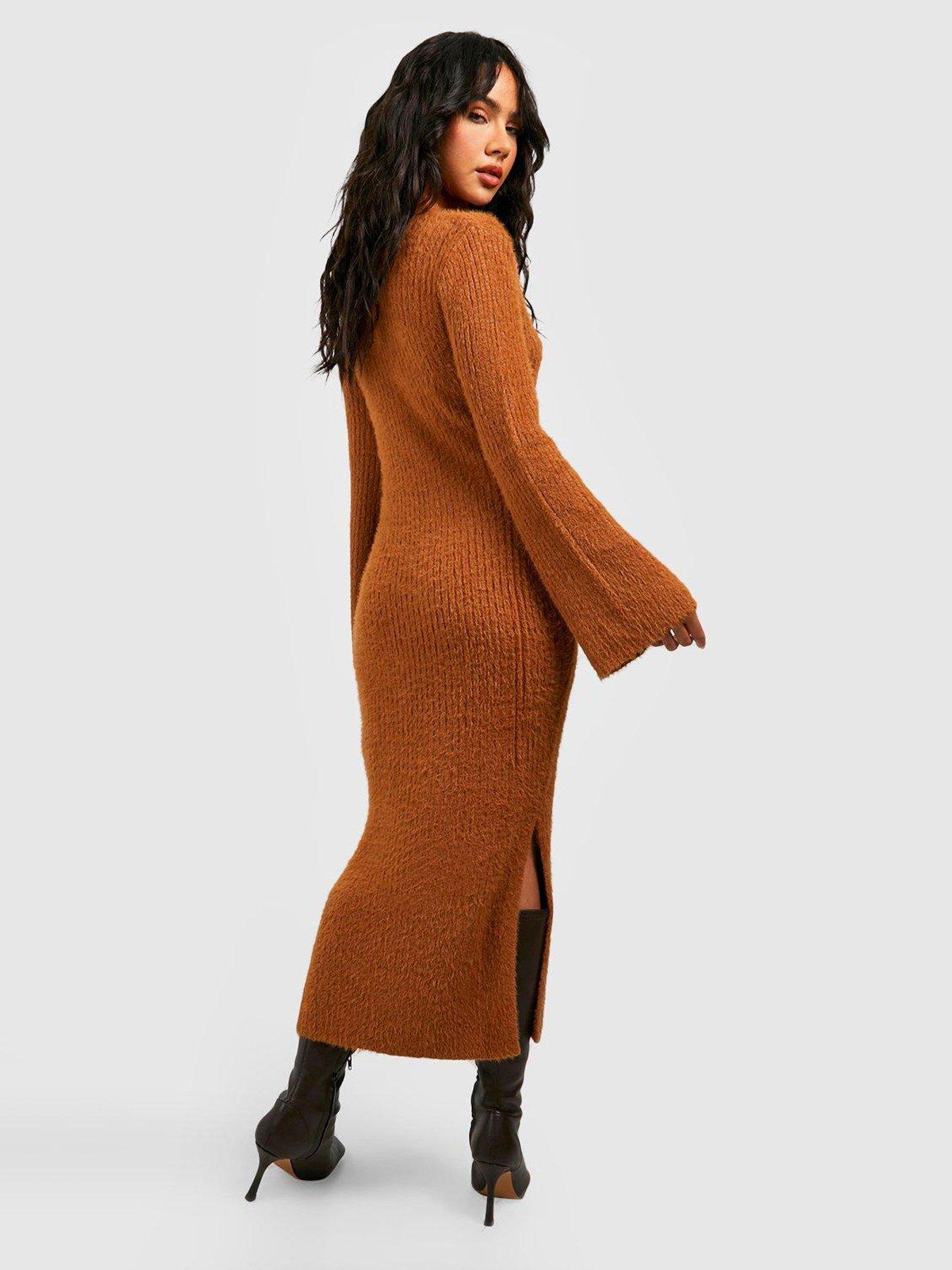 Boohoo Fluffy High Neck Maxi Dress Brown very