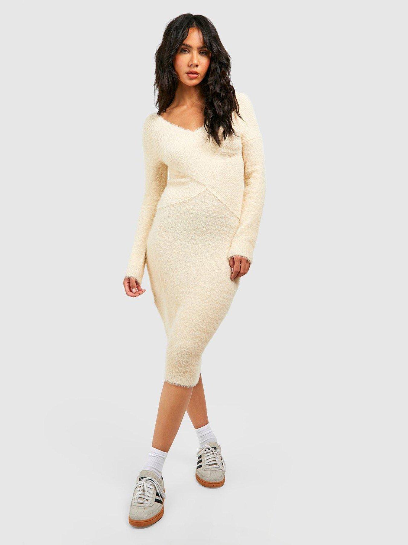 Boohoo Fluffy Bardot Midi Dress Cream very