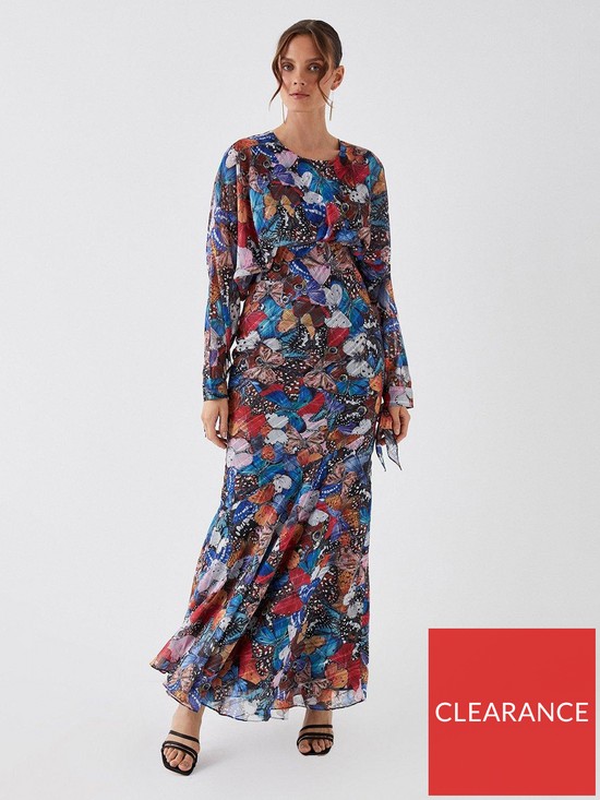front image of coast-julie-kuyath-butterfly-print-batwing-fishtail-skirt-maxi-dre