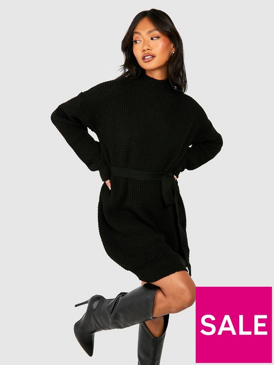 front image of boohoo-high-neck-belted-mini-dress-black