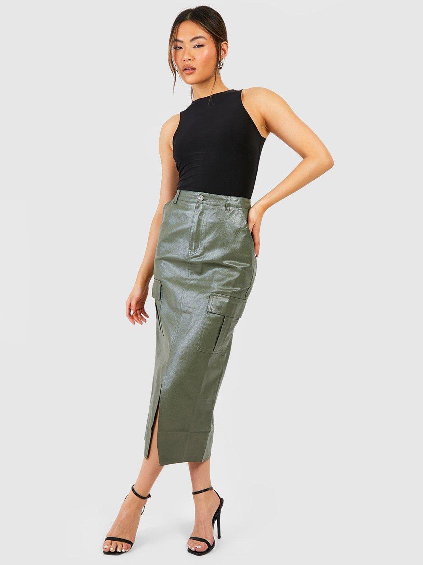 Boohoo PU Coated Cargo Denim Midaxi Skirt - Khaki | Very.co.uk