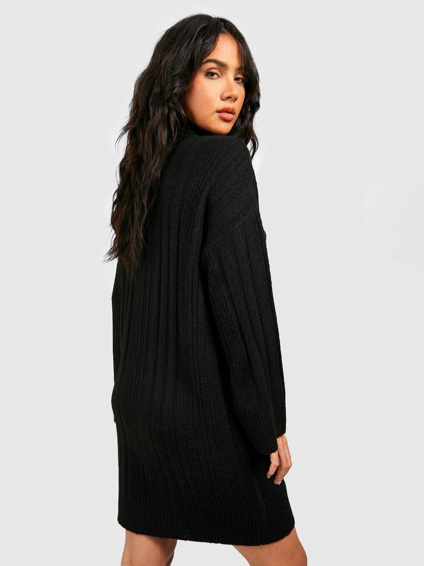 Black Roll Neck Rib Knitted Jumper Dress