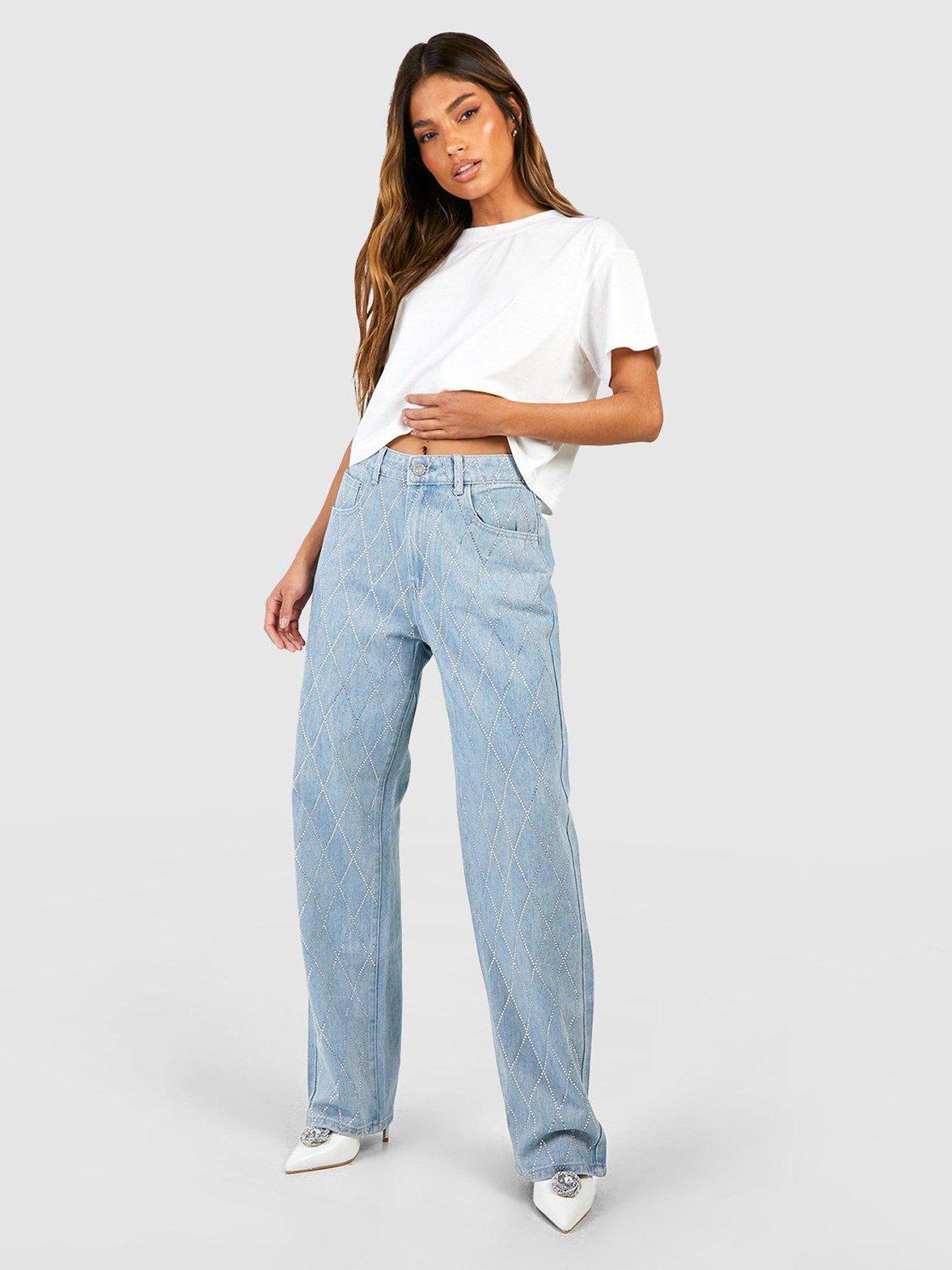 Boohoo Diamante High Waisted Mom Jeans - Mid Blue