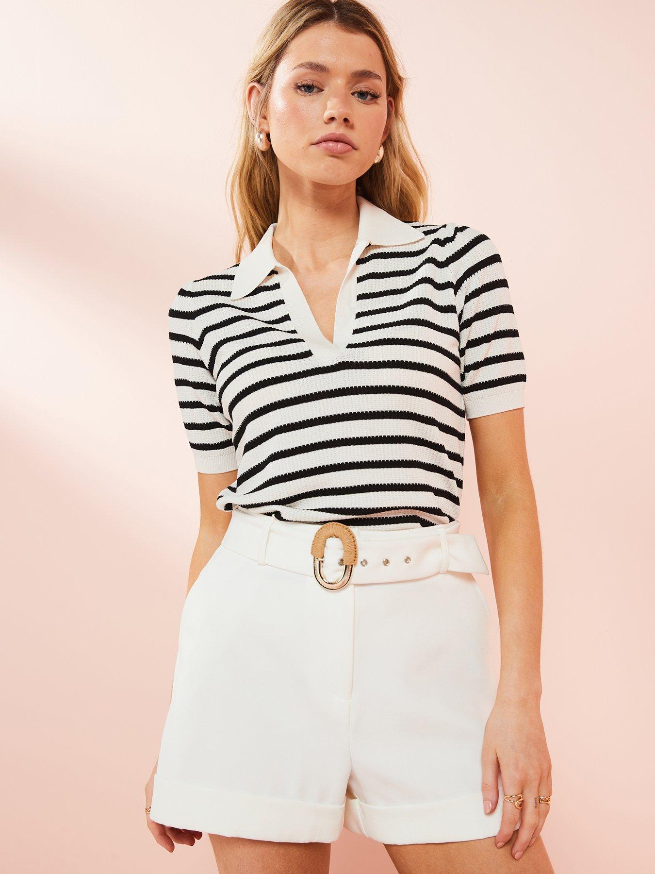 V by Very Short Sleeve Stripe Jumper With Collar - Black/Cream