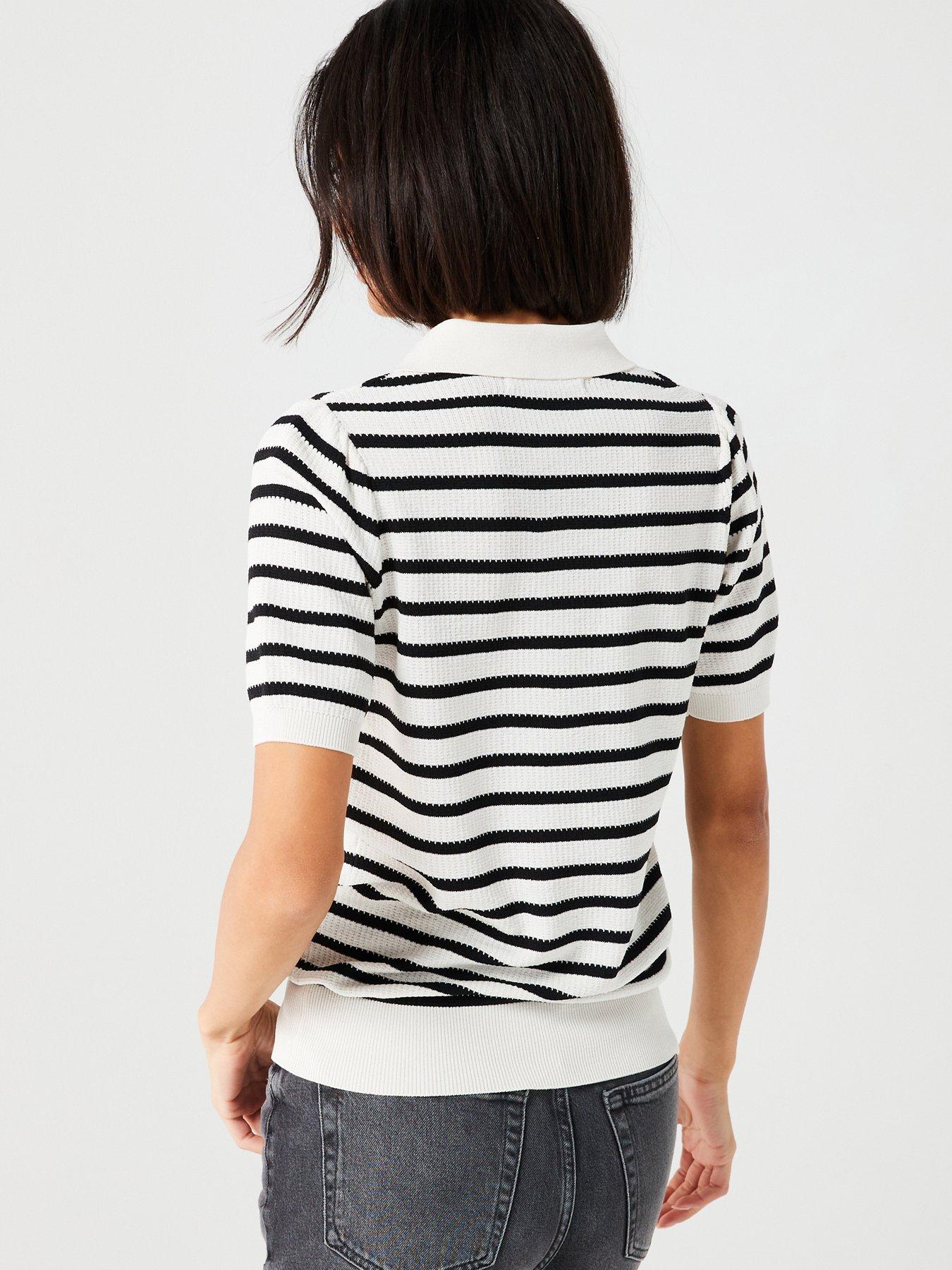 V by Very Short Sleeve Stripe Jumper With Collar Black/Cream Very.co.uk
