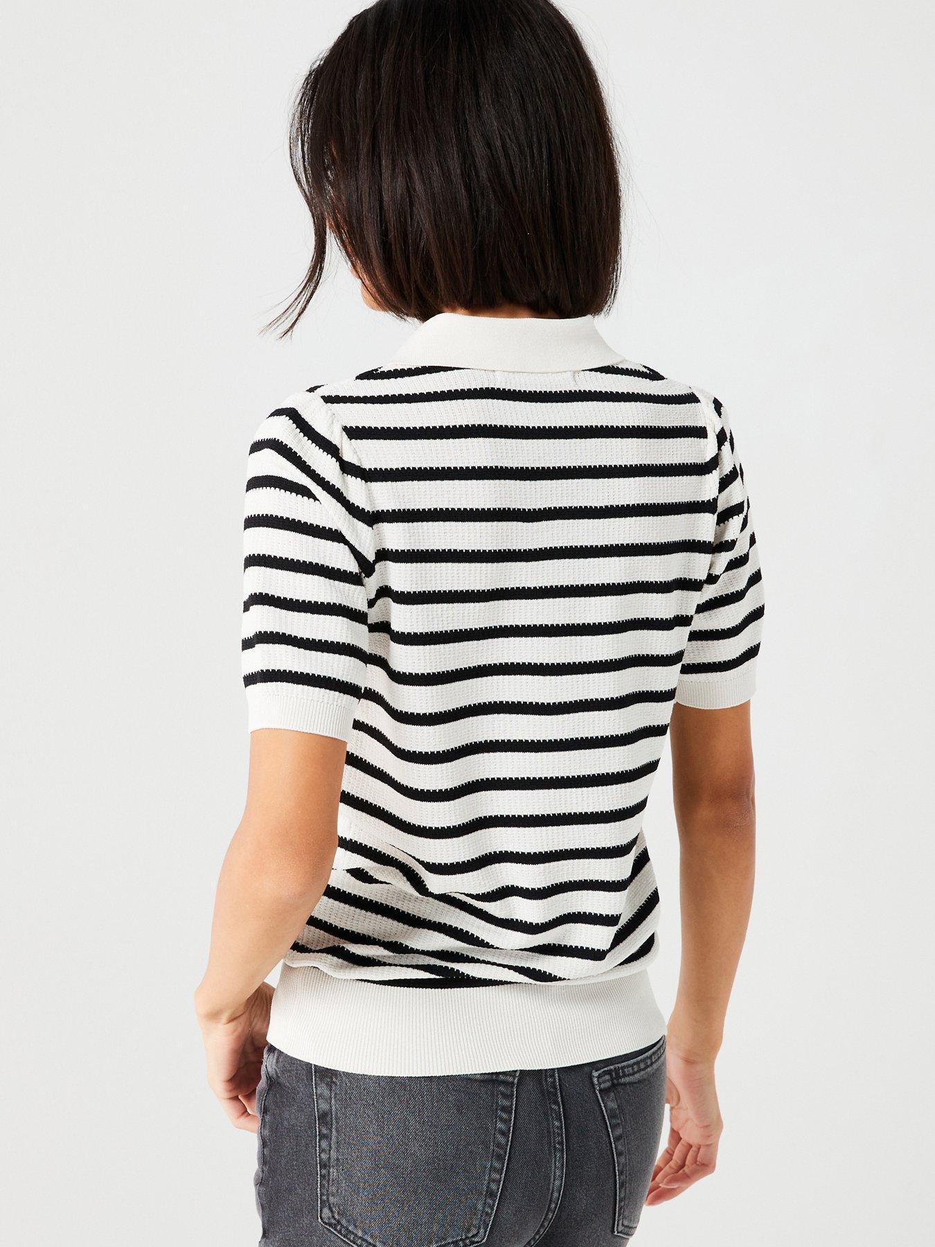 Short Sleeve Stripe Jumper With Collar - Black/Cream