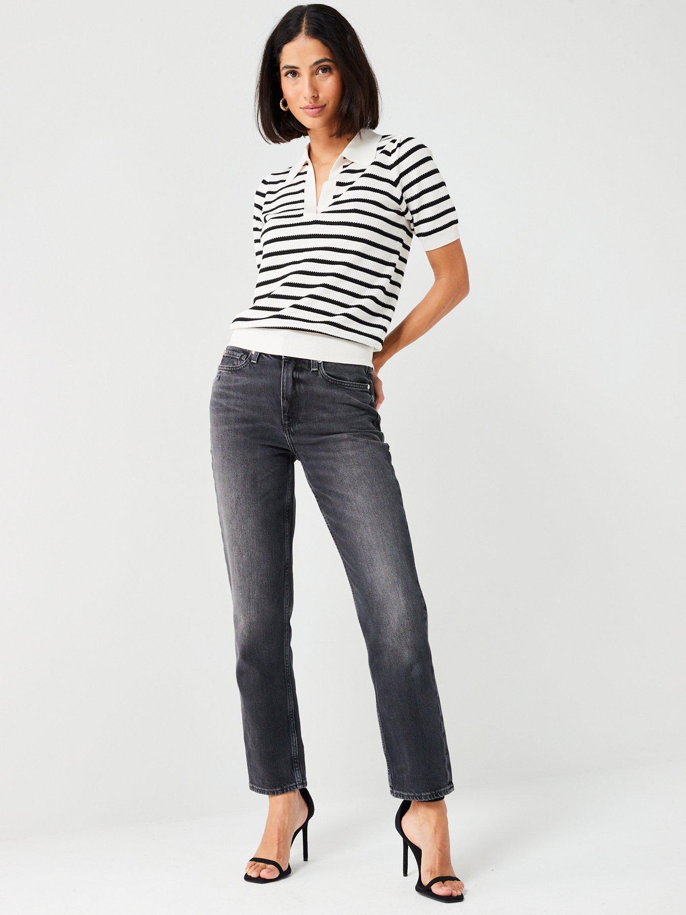 Short Sleeve Stripe Jumper With Collar - Black/Cream