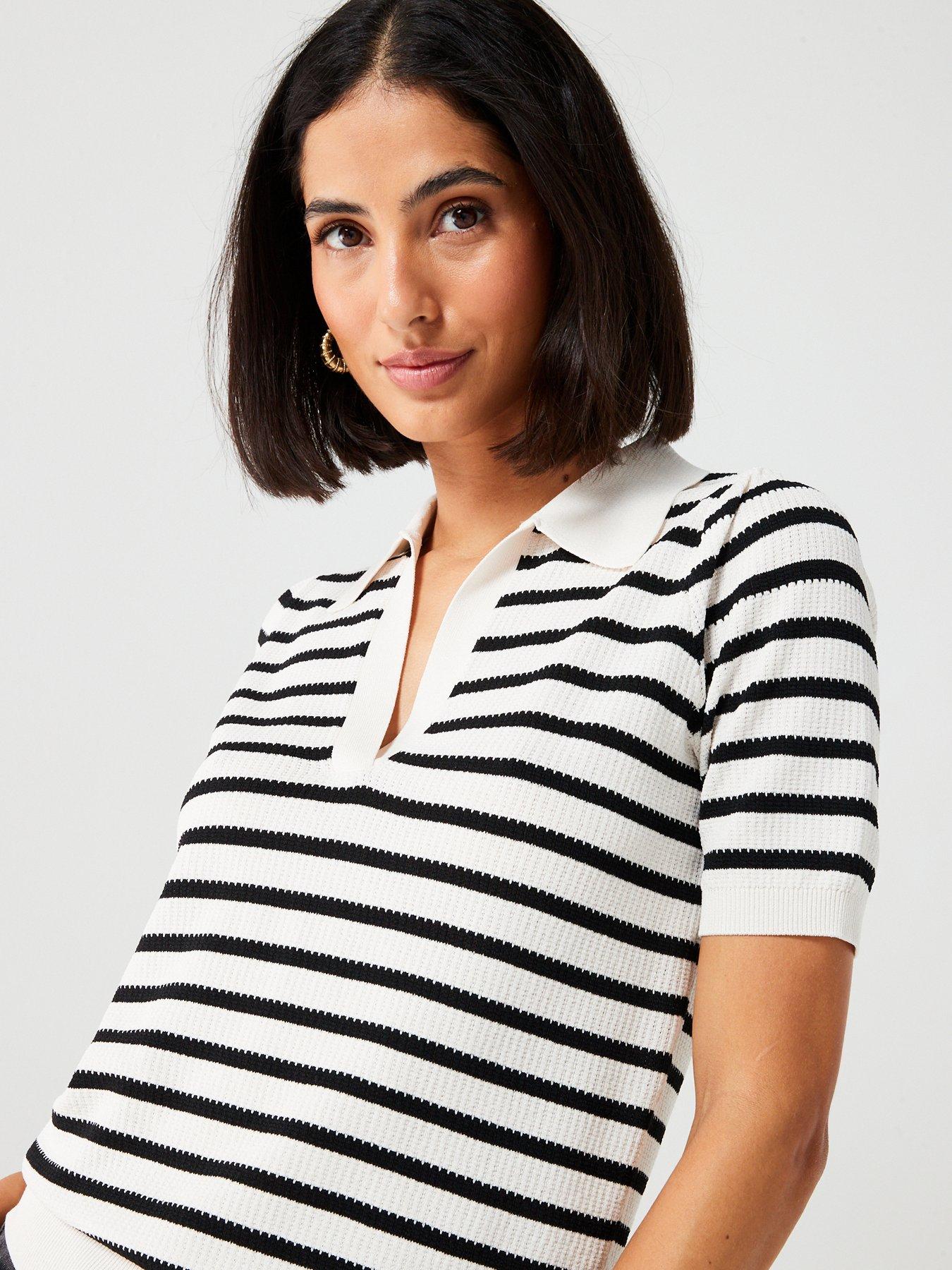 Short Sleeve Stripe Jumper With Collar - Black/Cream