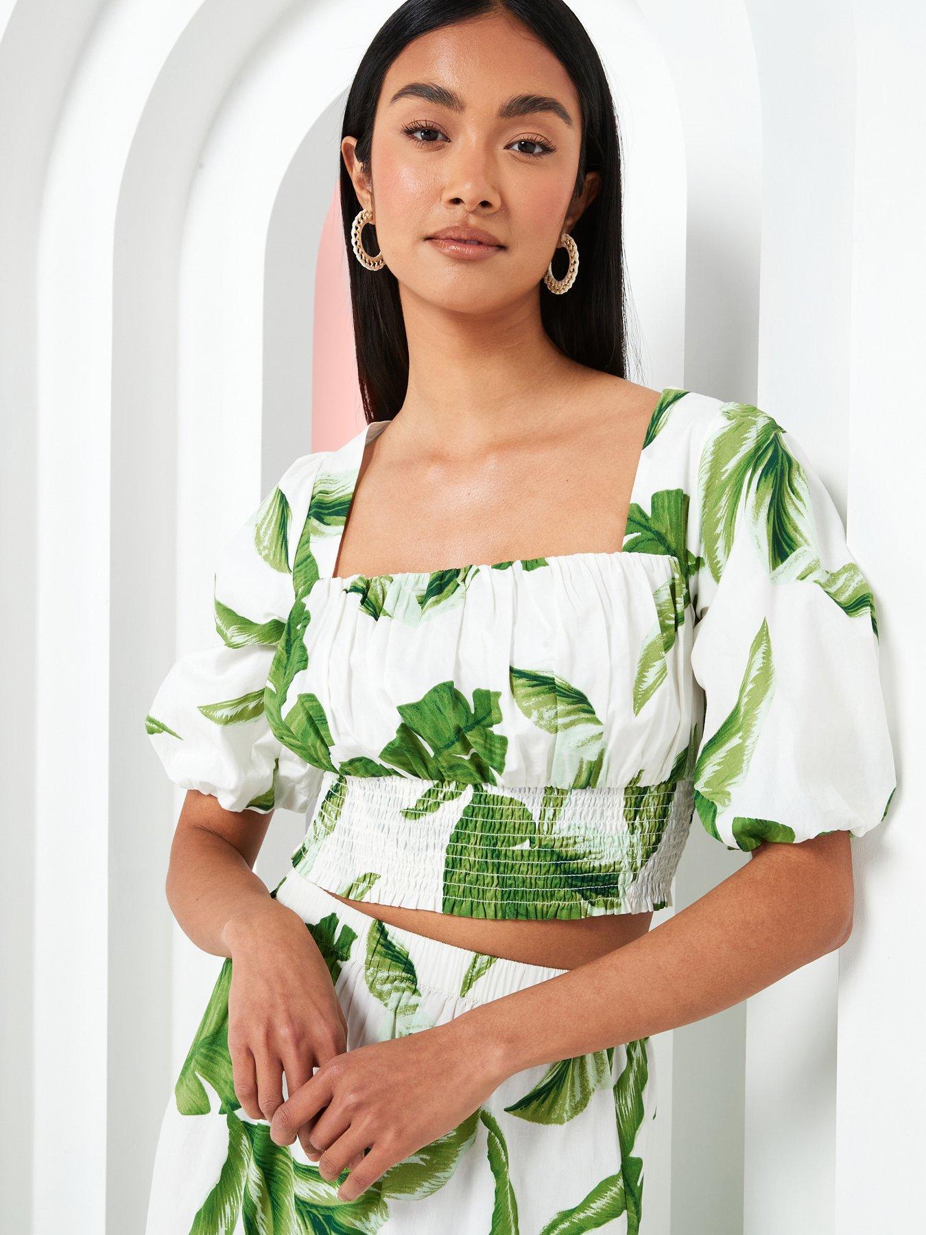 V by Very Puff Sleeve Square Neck Co Ord Crop Top - Green/White | Very ...
