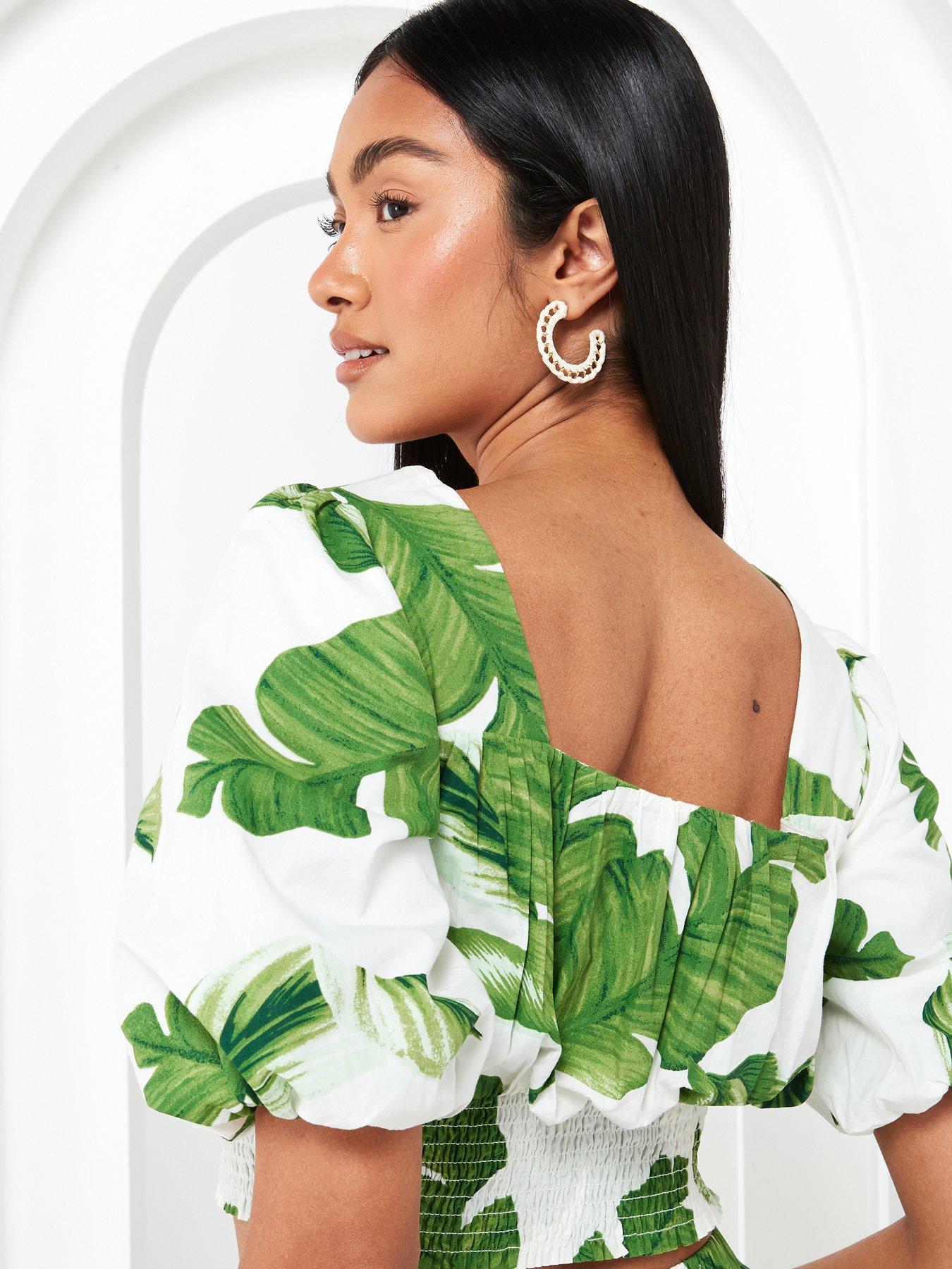 V by Very Puff Sleeve Square Neck Co Ord Crop Top - Green/White | Very ...
