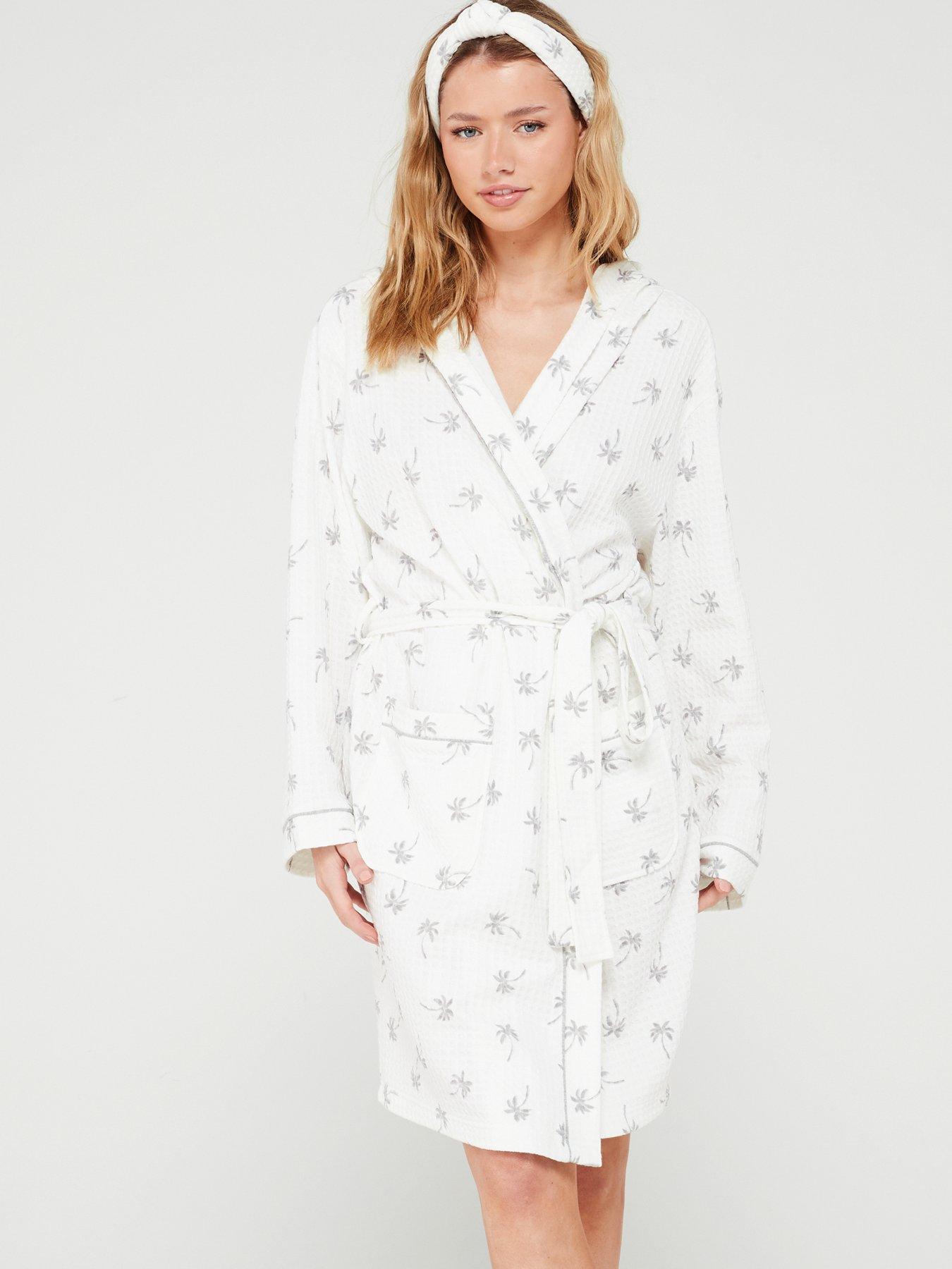 V by Very Waffle Printed Robe With Headband - White | Very.co.uk