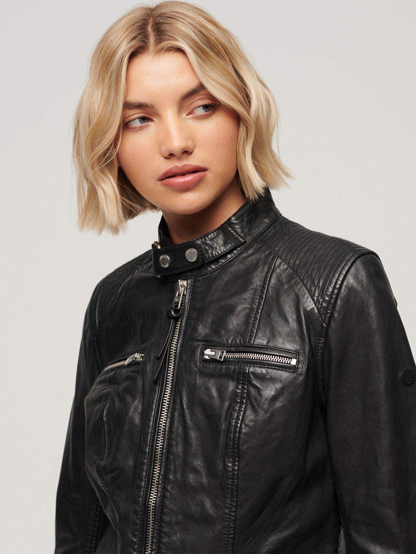 Superdry Fitted Leather Racer Jacket Black Very