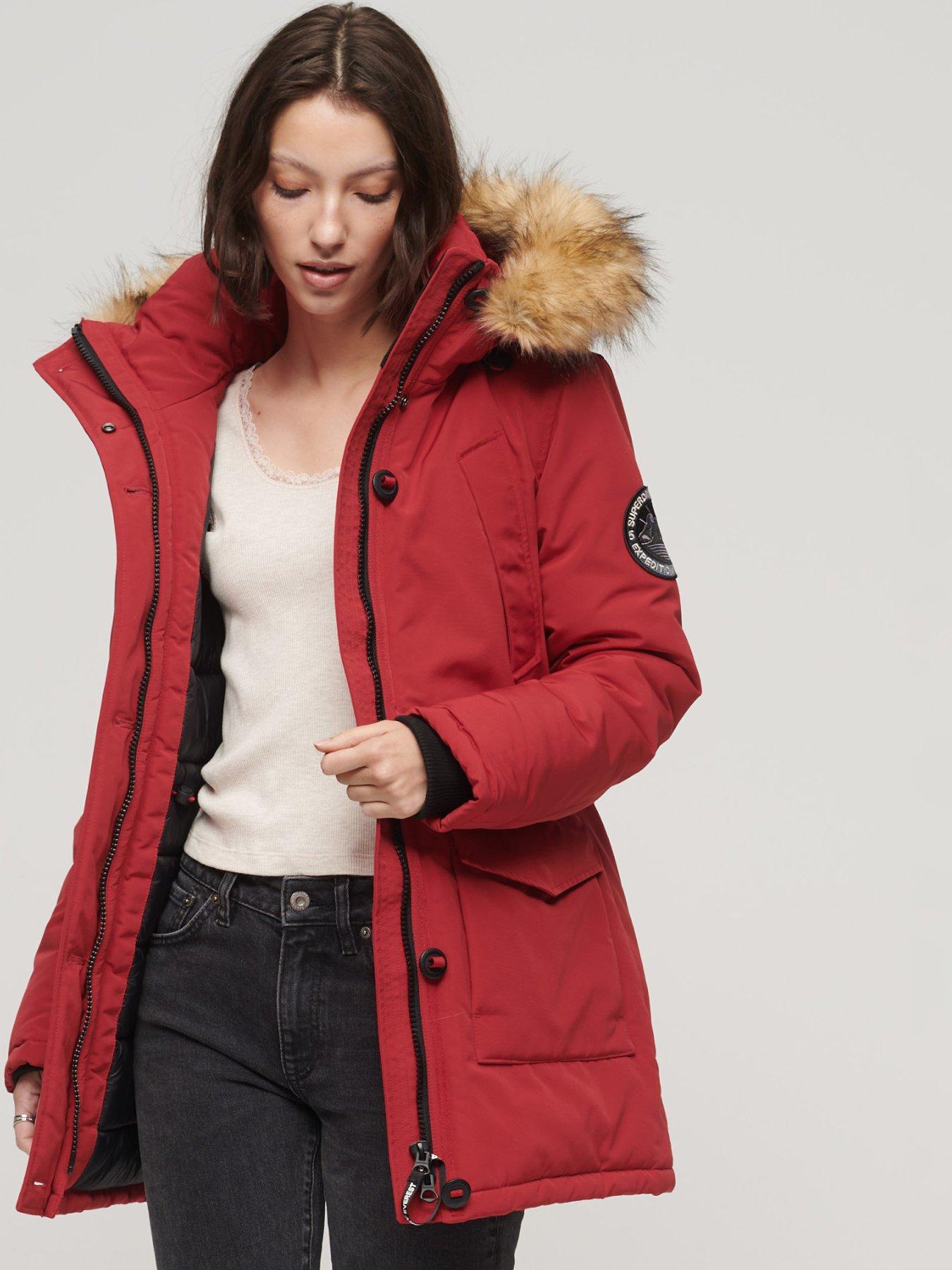 Bright red faux fur trim parka coat hot sale