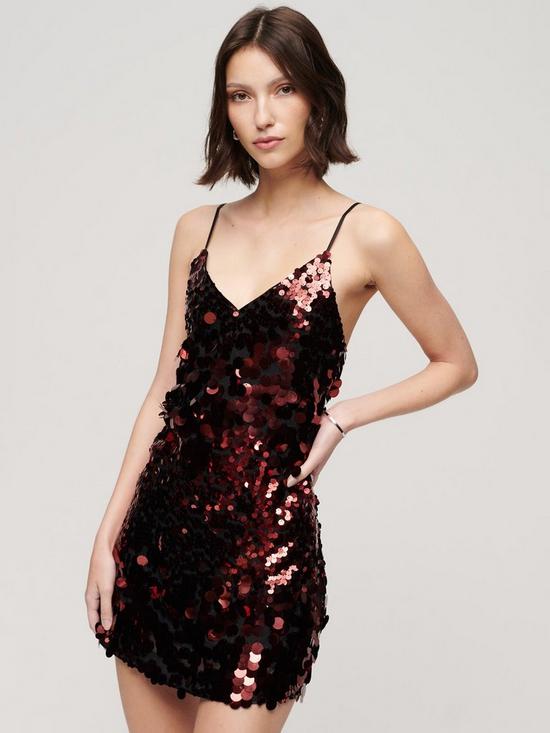 front image of superdry-disco-sequin-mini-dress-red