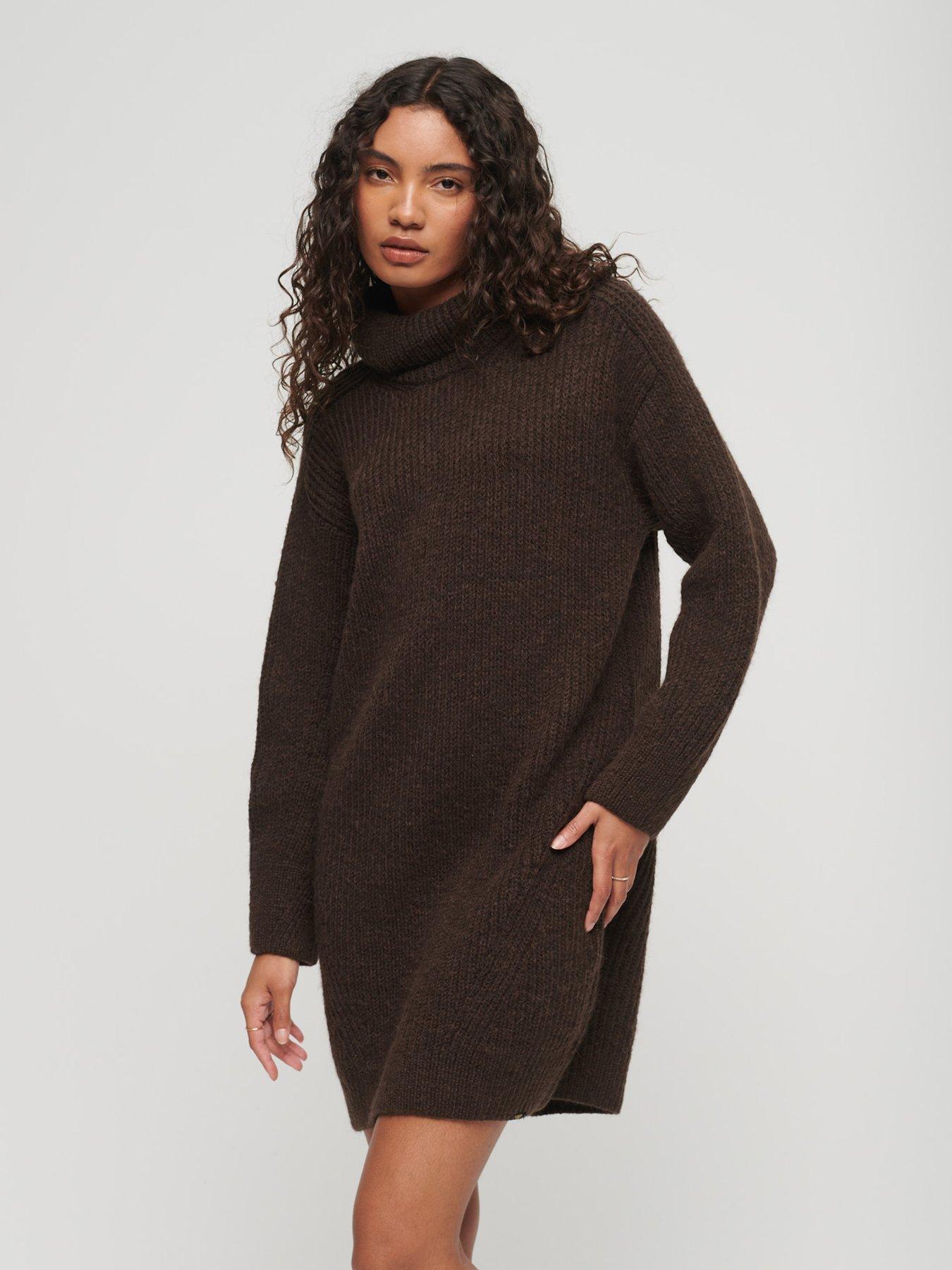 Black Roll Neck Knit Sweater Dress, Knitwear