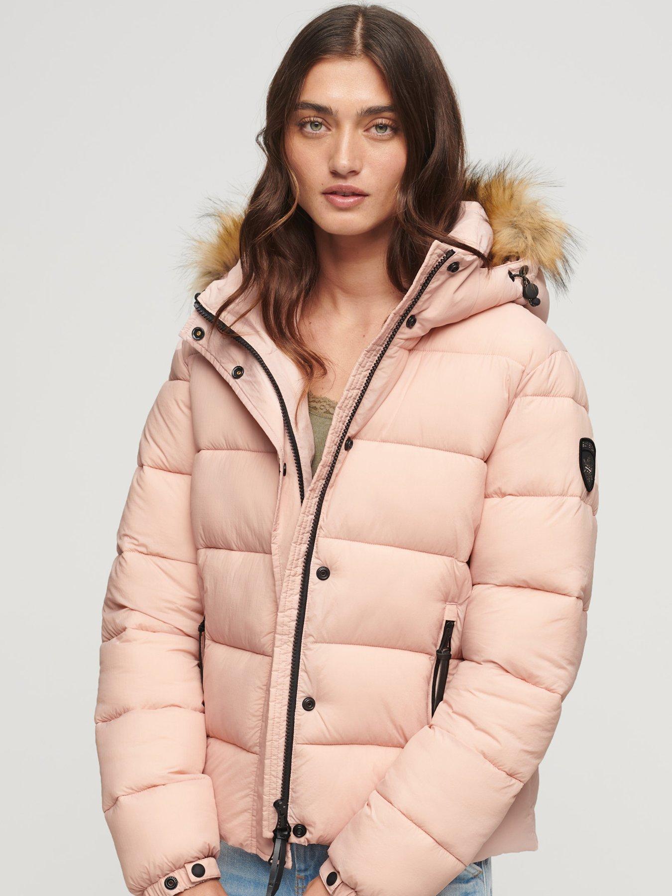 Faux Fur Short Hooded Puffer Jacket - Pink