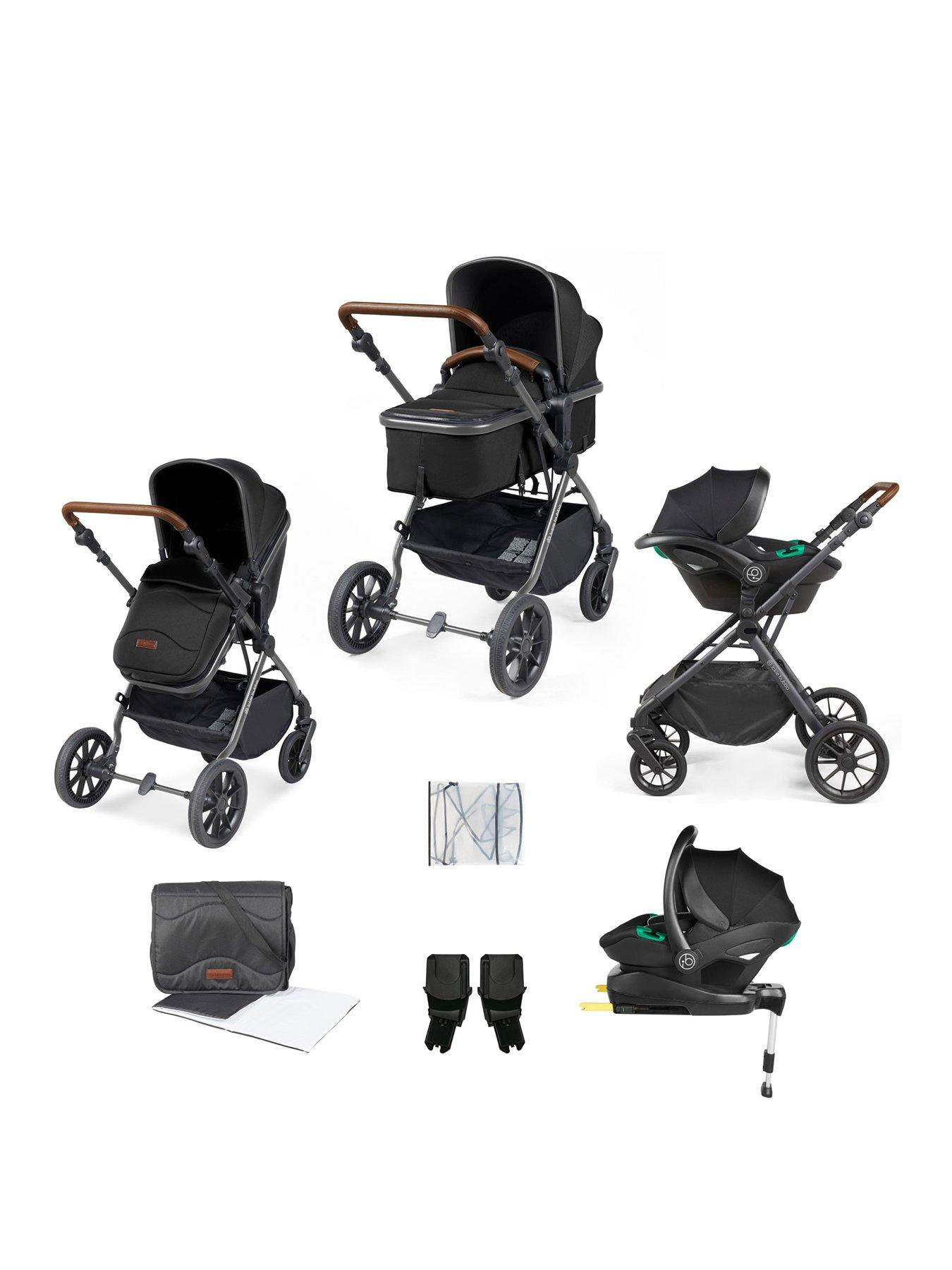 Ickle Bubba Cosmo 9 Piece Travel System with i-Size Stratus Car Seat  &  ISOFIX Base - Gunmetal/Black/Tan