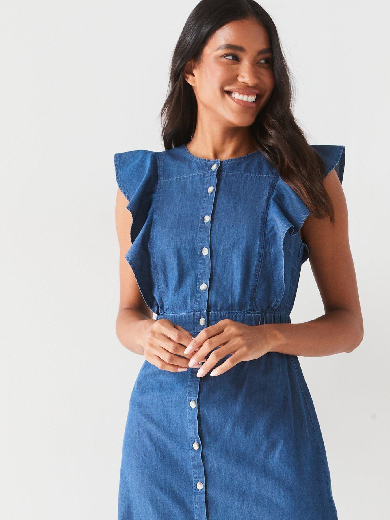 V by Very Sleeveless Ruffle Denim Midi Dress Dark Wash