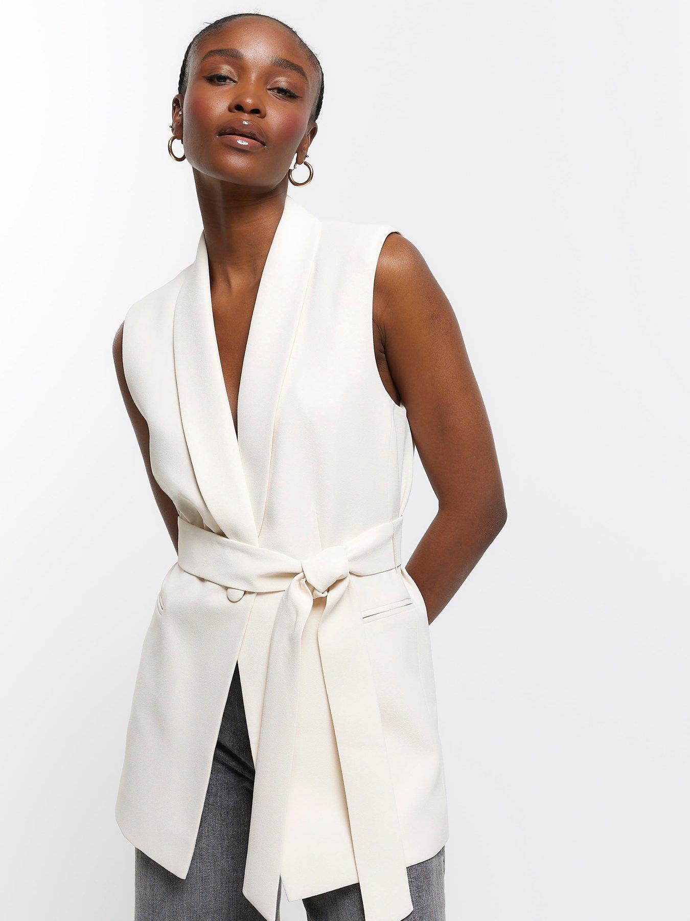 Shawl Collar Belted Waistcoat Cream