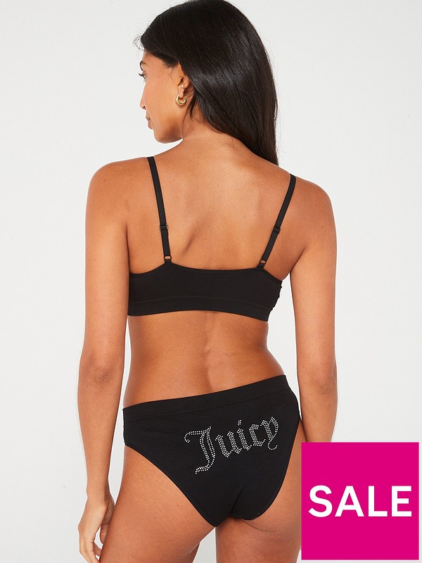 Juicy Couture Seamless Diamante Logo Scoop Neck Bralette & High Leg Brief  Set - Black