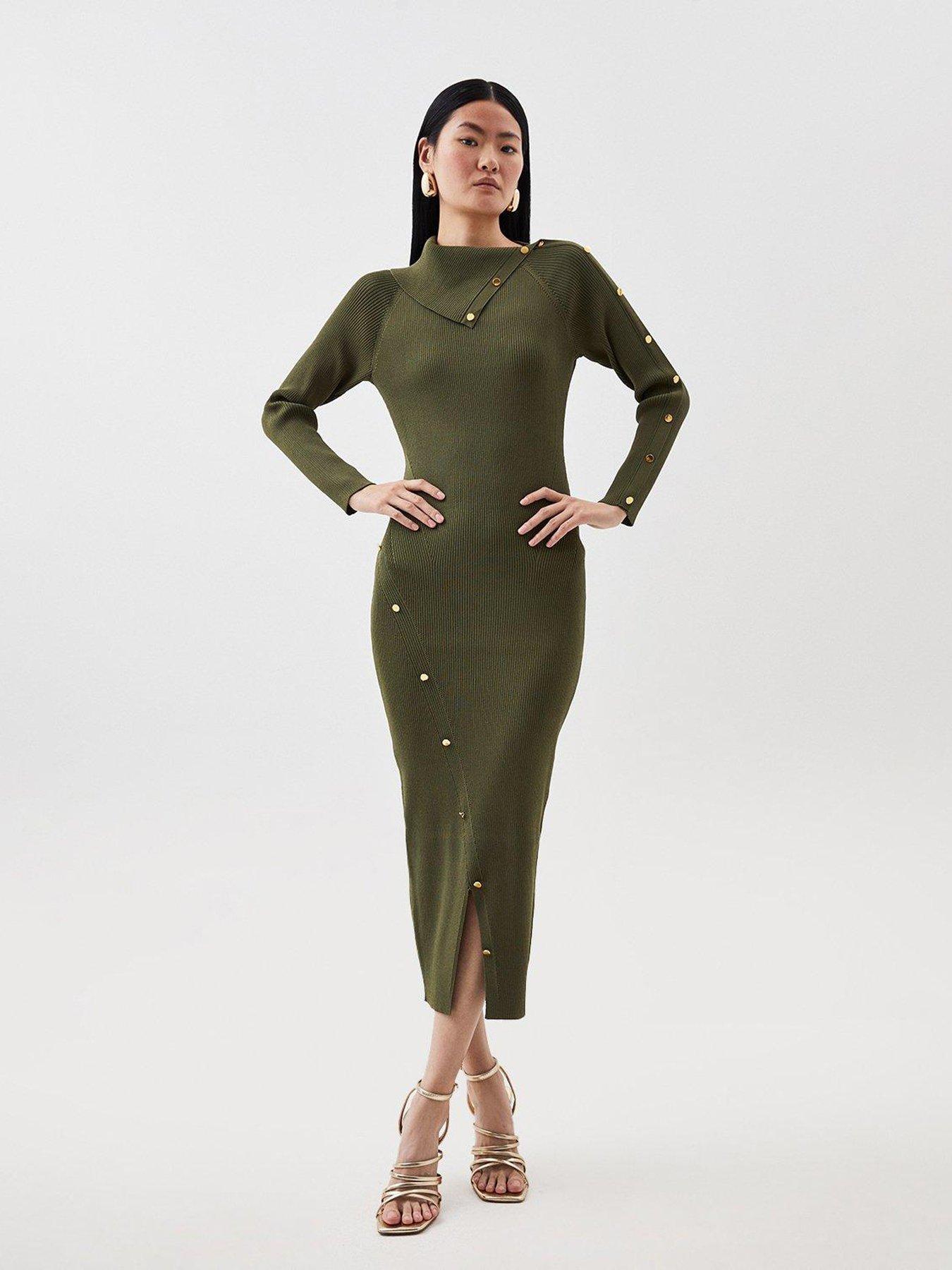 Rib Knit Midi Dress Khaki