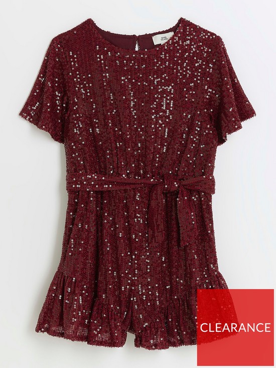 front image of river-island-girls-sequin-belted-playsuit-red
