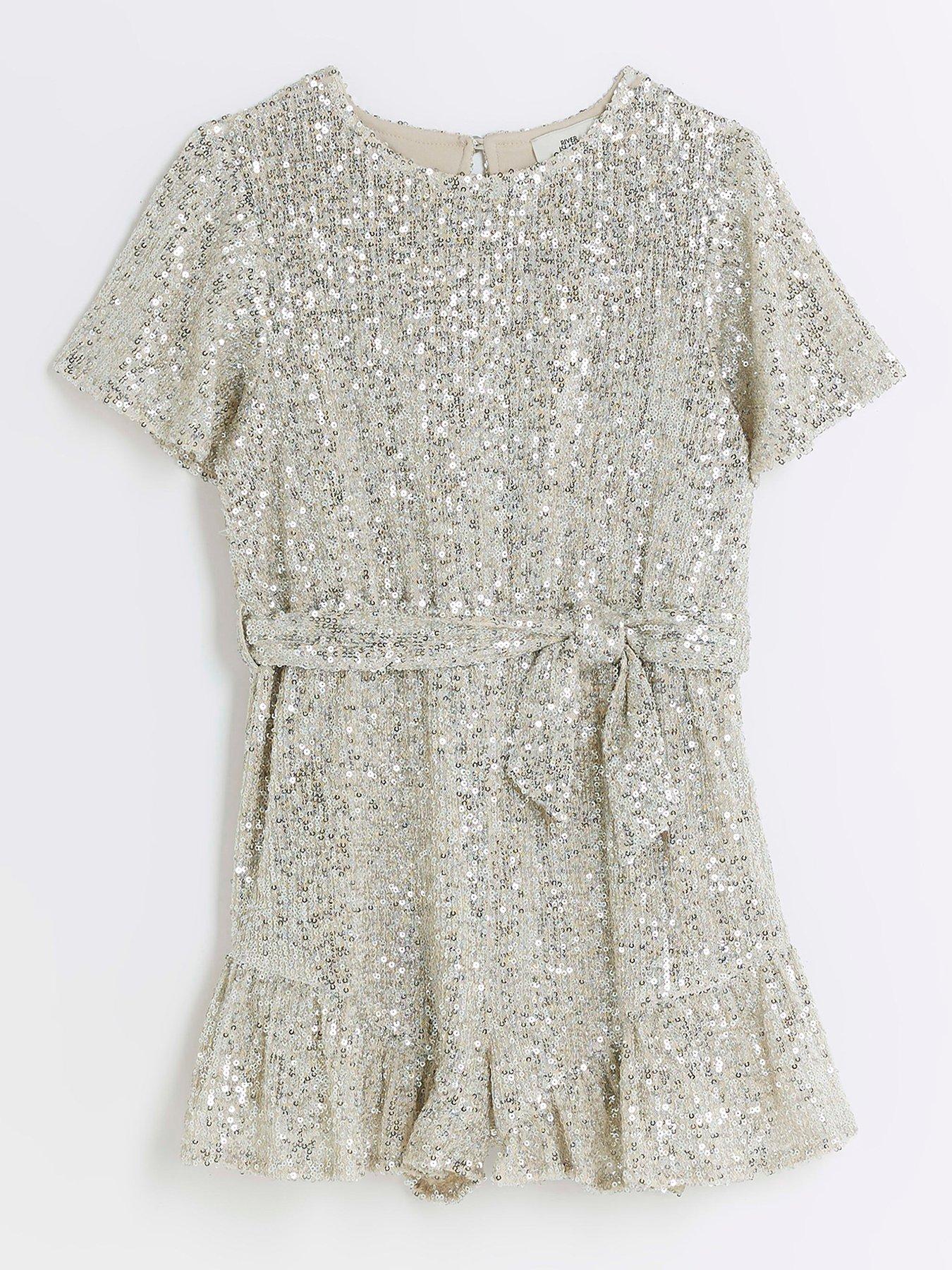 Girls Sequin Belted Playsuit Silver