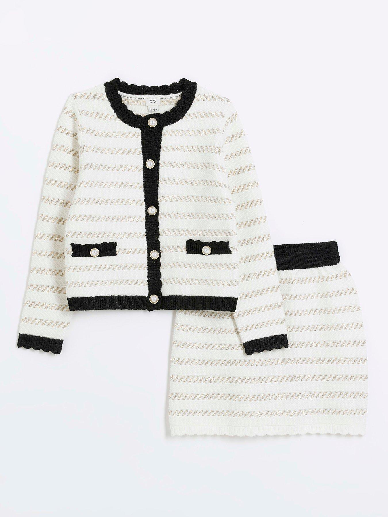 Cream Boucle Stripe Cardigan Set Cream