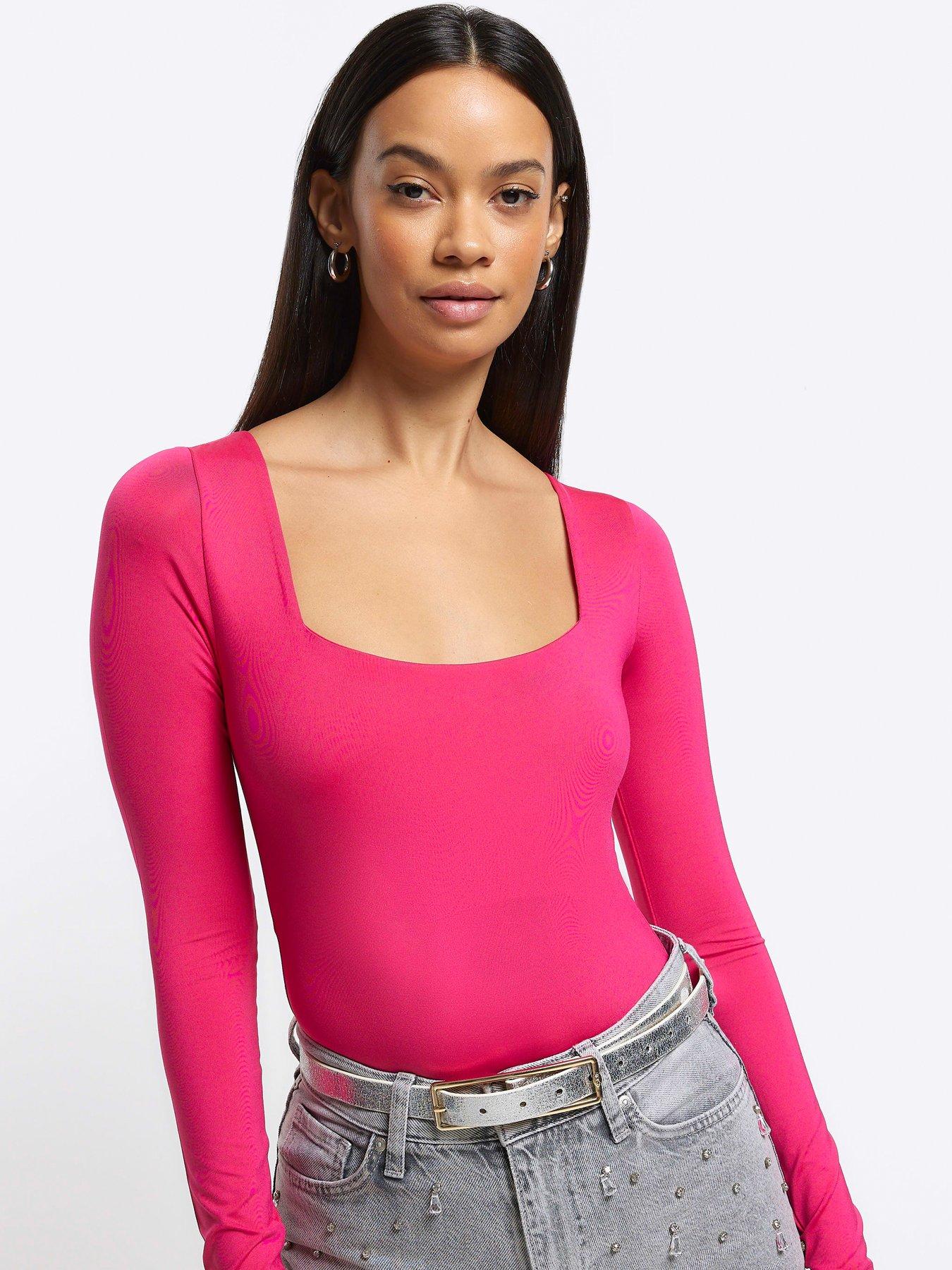 River Island Square Neck Bodysuit - Bright Pink | Very.co.uk