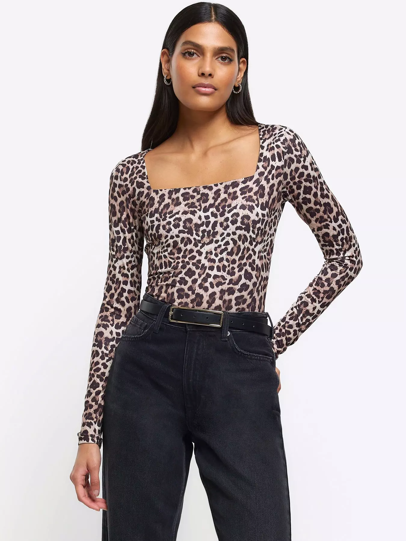 Petite Tan Slinky Leopard Scoop Neck Thong Bodysuit