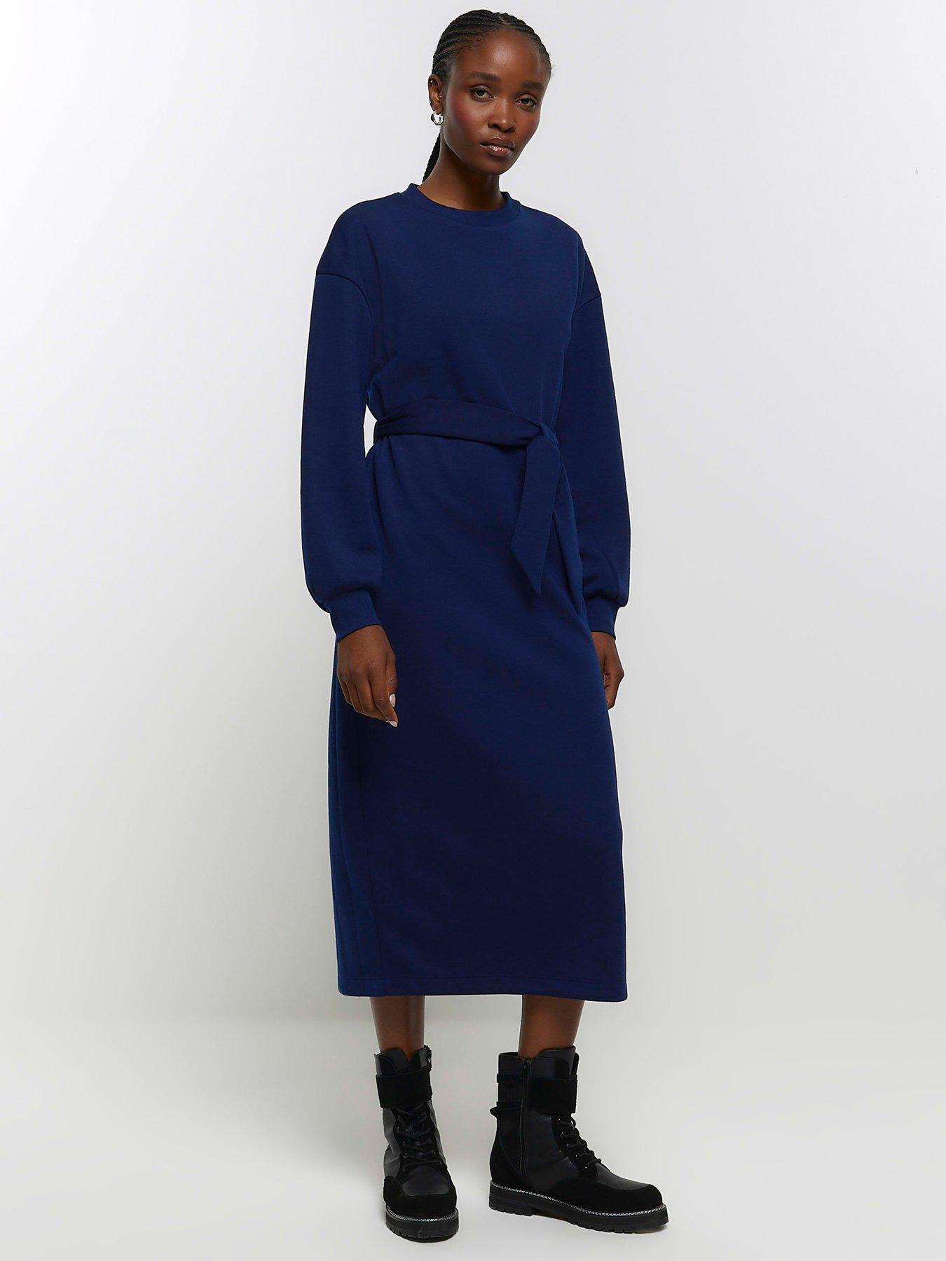 River Island Tie Waist Knit Midi Dress - Navy | very.co.uk