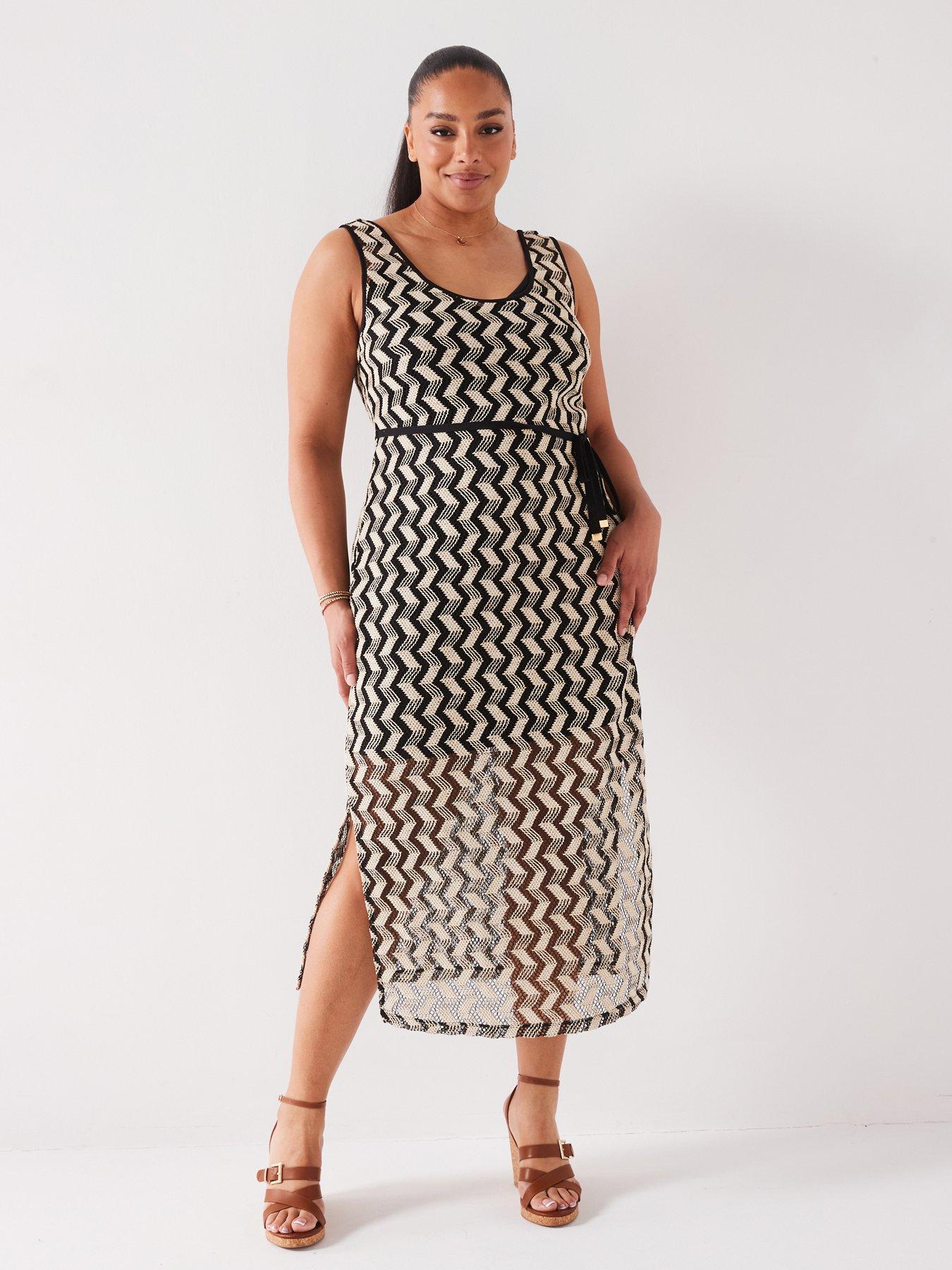 V by Very Curve Mono Crochet Belted Midi Dress | Very.co.uk