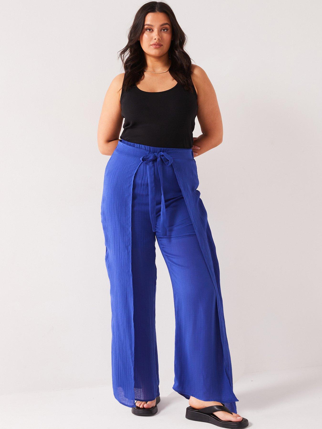 V By Very Curve Crinkle Split Front Wrap Trouser - Blue 