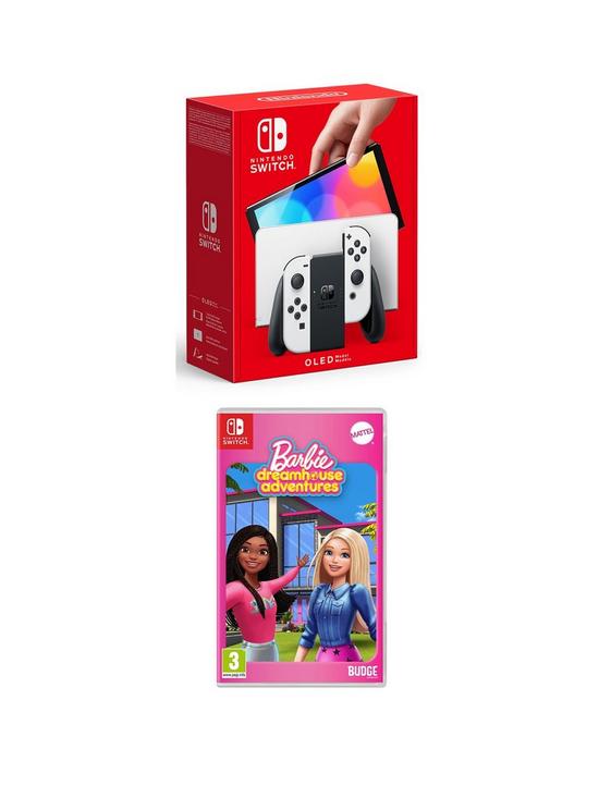 front image of nintendo-switch-oled-white-amp-barbie-dreamhouse-adventures