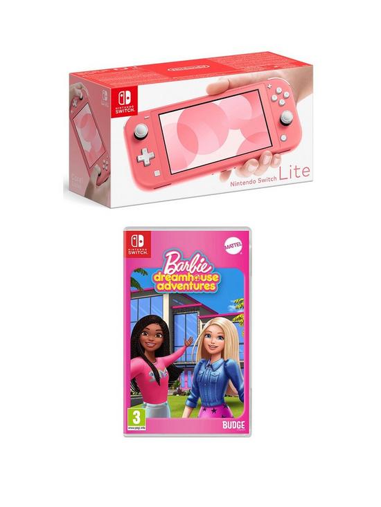 front image of nintendo-switch-lite-coral-amp-barbie-dreamhouse-adventures